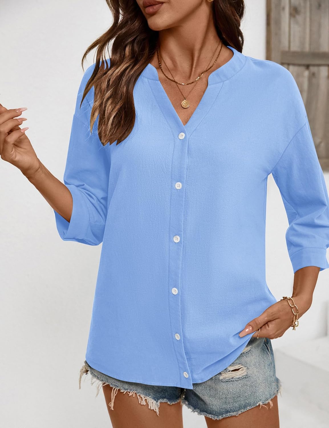 LOMON Cotton 3/4 Sleeve Button Down Shirts for Women V Neck Casual Loose Button Up Blouse - Image 5