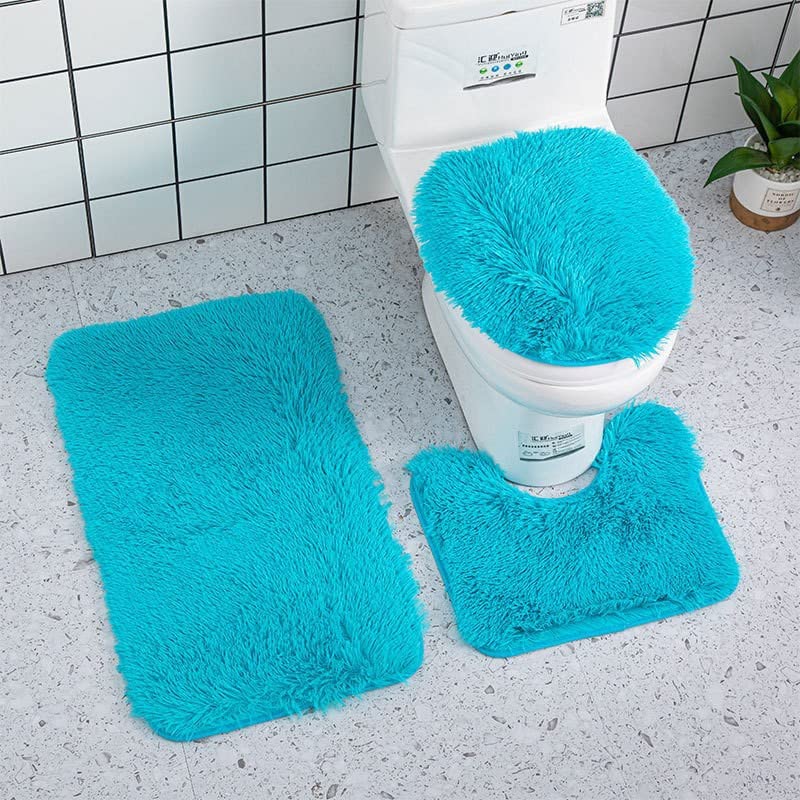 3PCS Soft Microfiber Bathroom Rugs Sets,Non-Slip Bath Mat Fluffy Plush Toilet Seat Cover for Bathroom,Water Absorbent Bathmat,Machine Washable (Blue)
