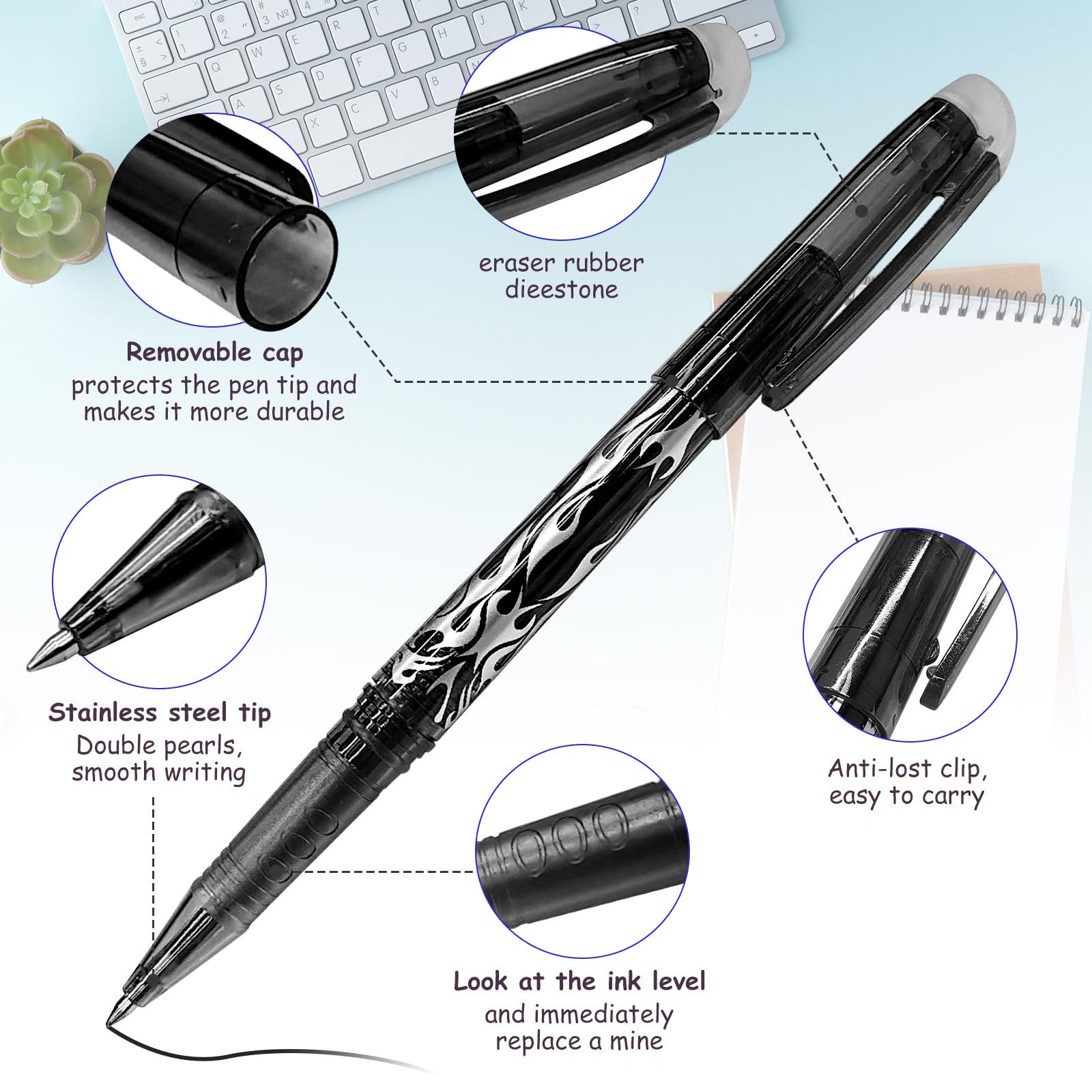 Obidodi 8 Erasable Gel Pens with Rubbers, Black, 0.5mm, Friction Pens for Kids and Adults, 1 count (Pack of 8) - Image 2