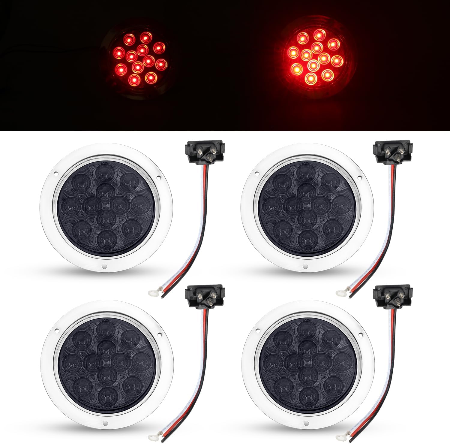 TMH 4 Inch 4 Pcs Smoked Lens White LED Round Trailer Tail Lights Reverse Lamp with Chrome Bezel for Truck Bus ATV Truck Lorry Flatbed Tow Camper RV 12V DC GAC12