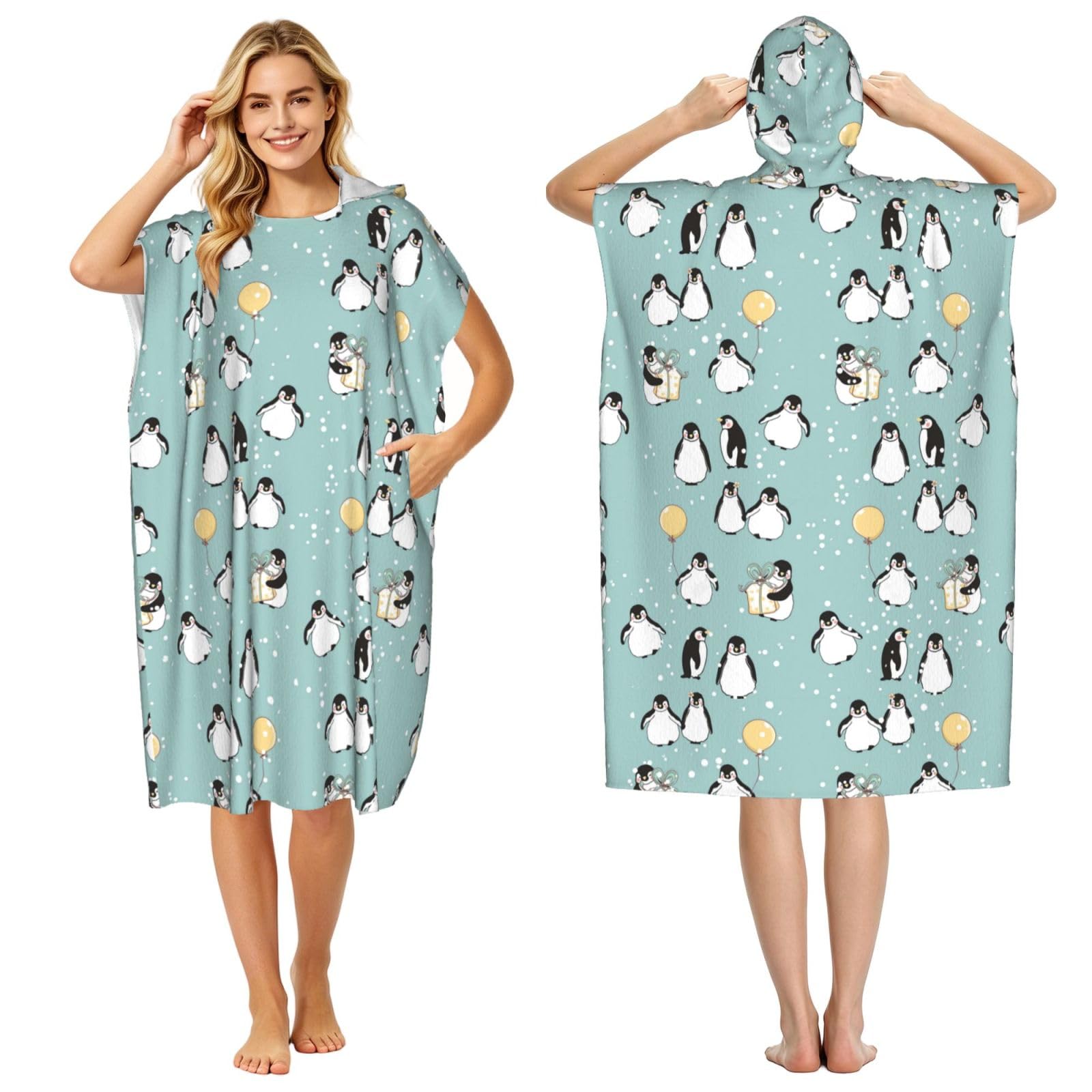 Poadnly Penguin Balloon Snowflake, Adult Hooded Beach Towel 90 x 110 cm,Changing Bath Robe, Surf Poncho Towel For Women Men