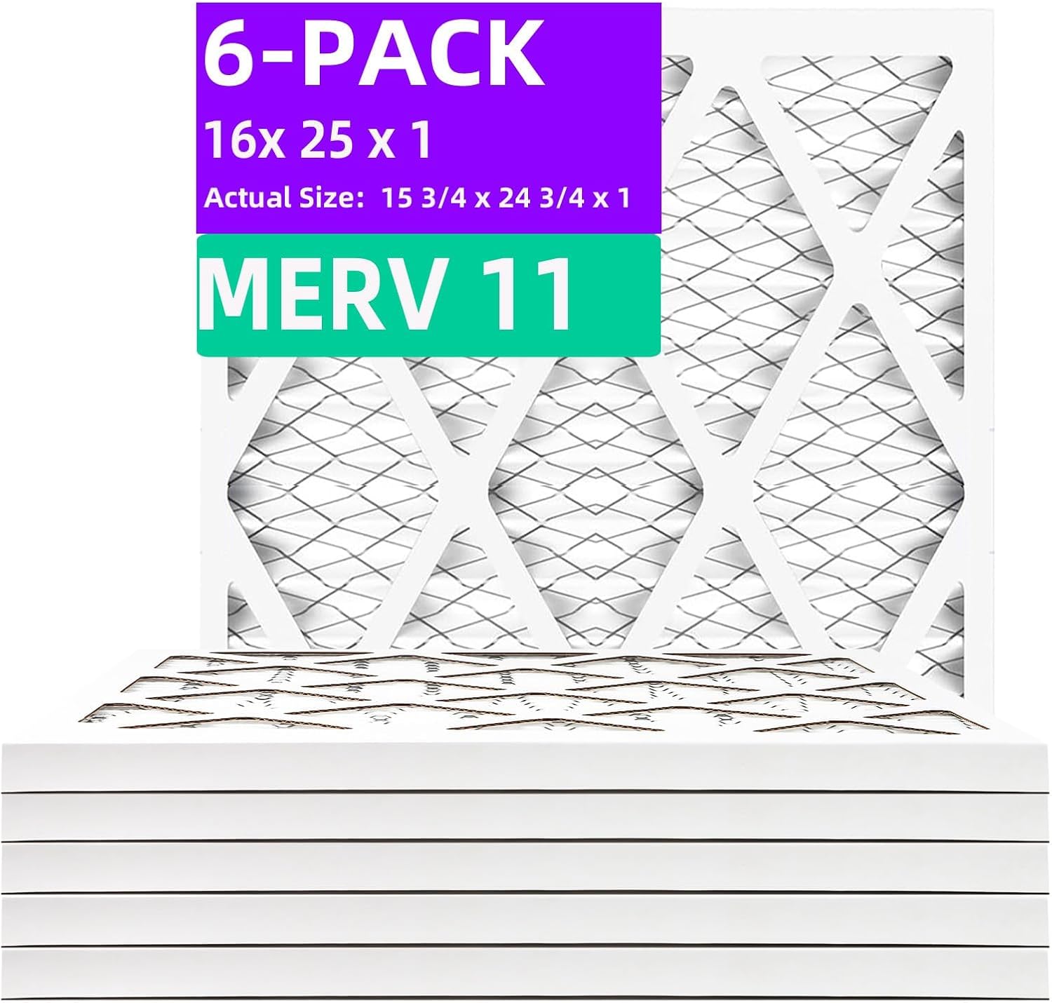 16x25x1 MERV 11 (6-Pack) Pleated Air Filter (Actual Size: 15.75"x24.75"x0.75") MPR 1200 & FPR 7, Furnace Air Filters