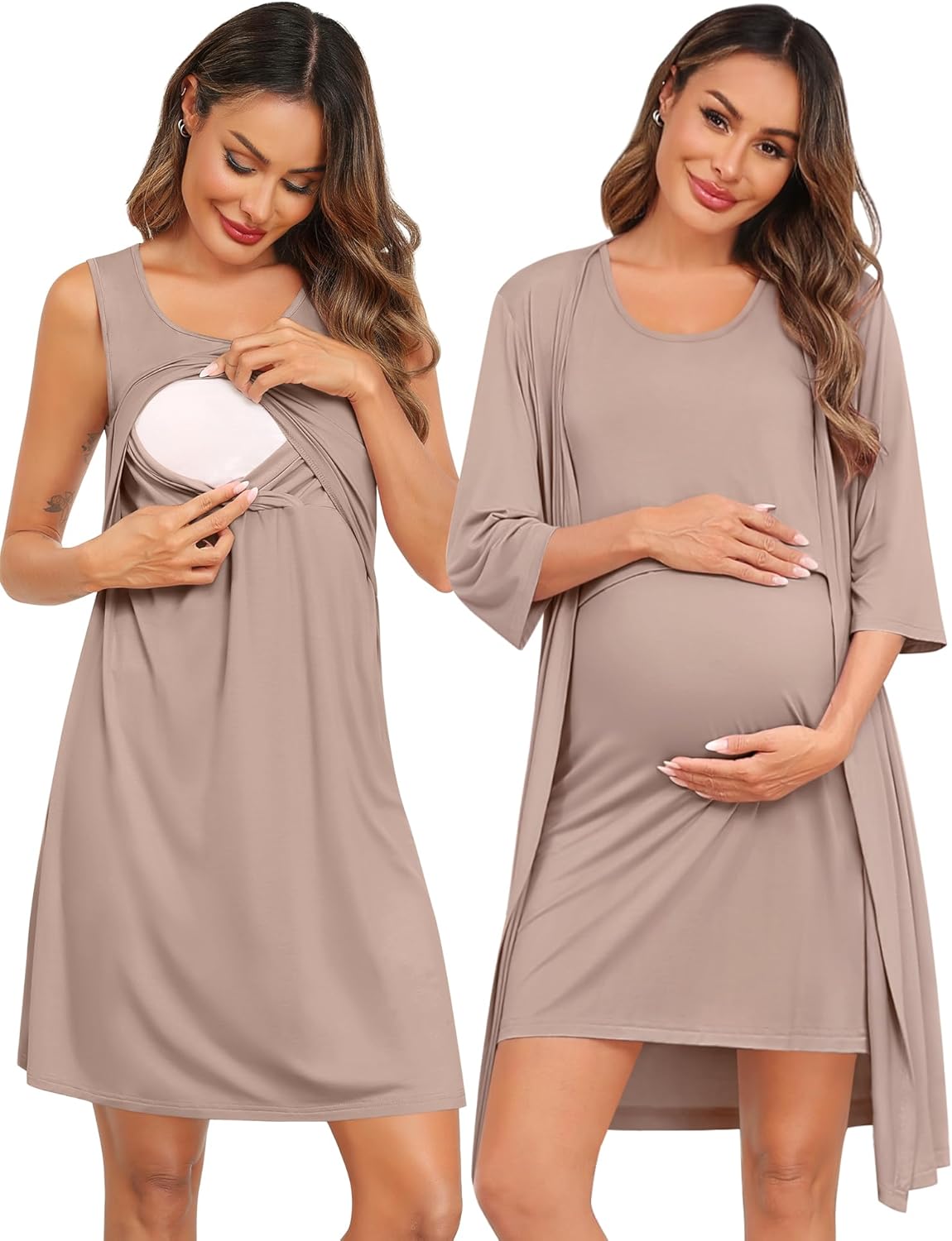 SWOMOG Women Maternity Nursing Gown and 3/4 Sleeve Robe Set Labor Delivery Nightgown Breastfeeding Hospital Bathrobe