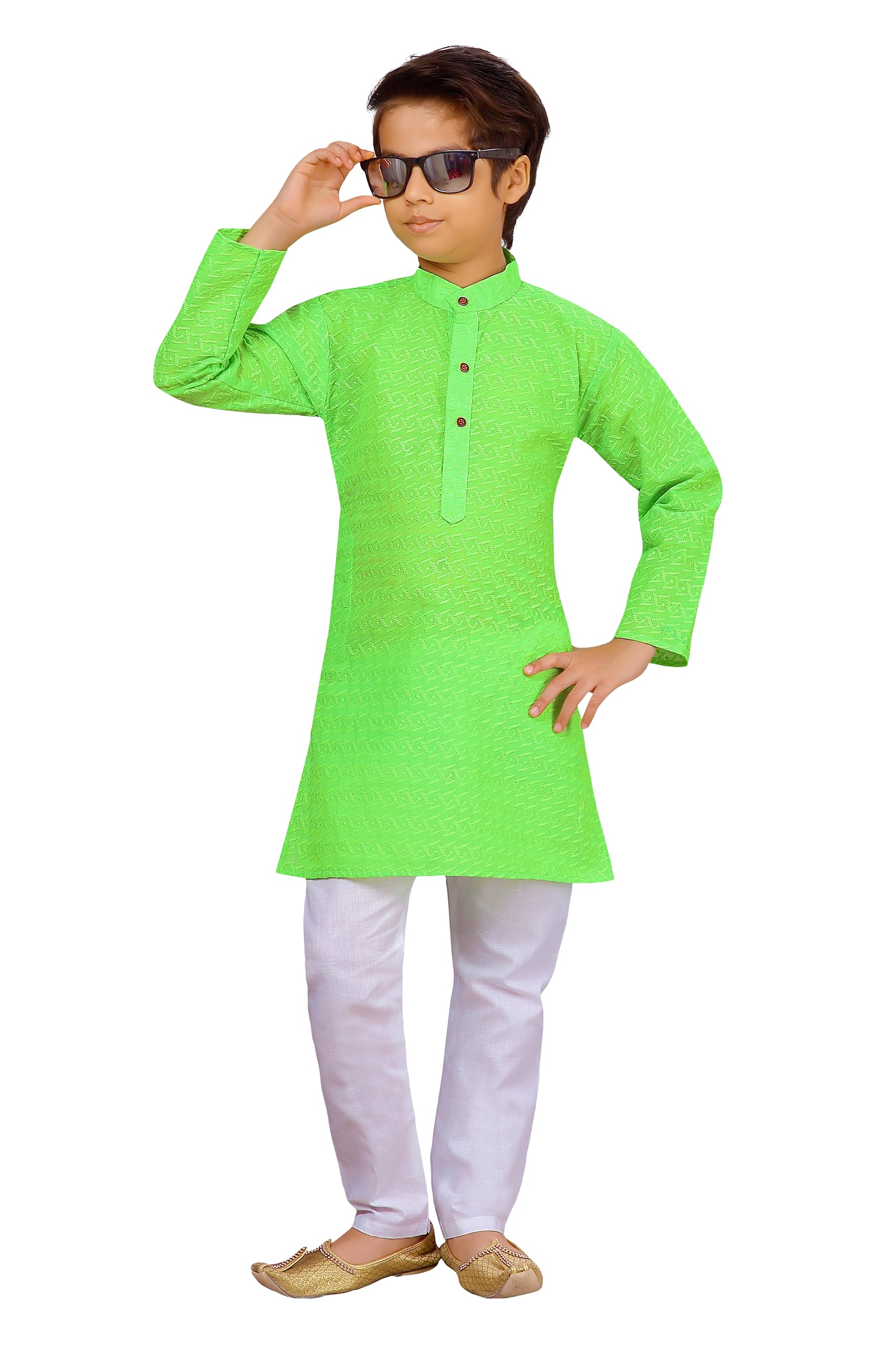 BABA AND BABY boys traditional ethnic wear cotton chikankari kurta pajama set (Parrot Green Chikan, 5-6 Years)