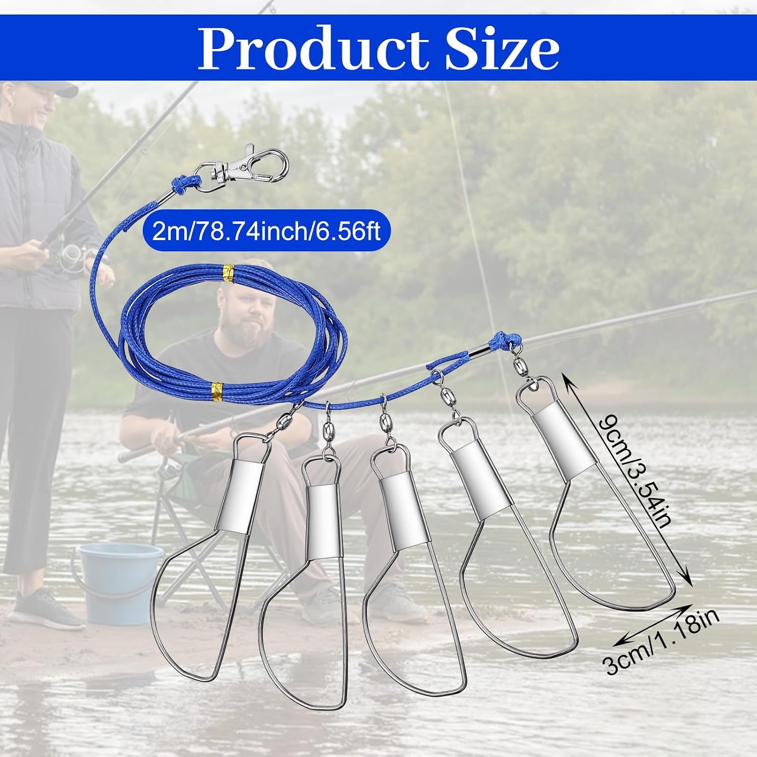 6.5FT Fish Stringer, 5 Stainless Steel Snap Locks, Heavy Duty Ground Anchor, Portable Fishing Stringer for Trout, Perch