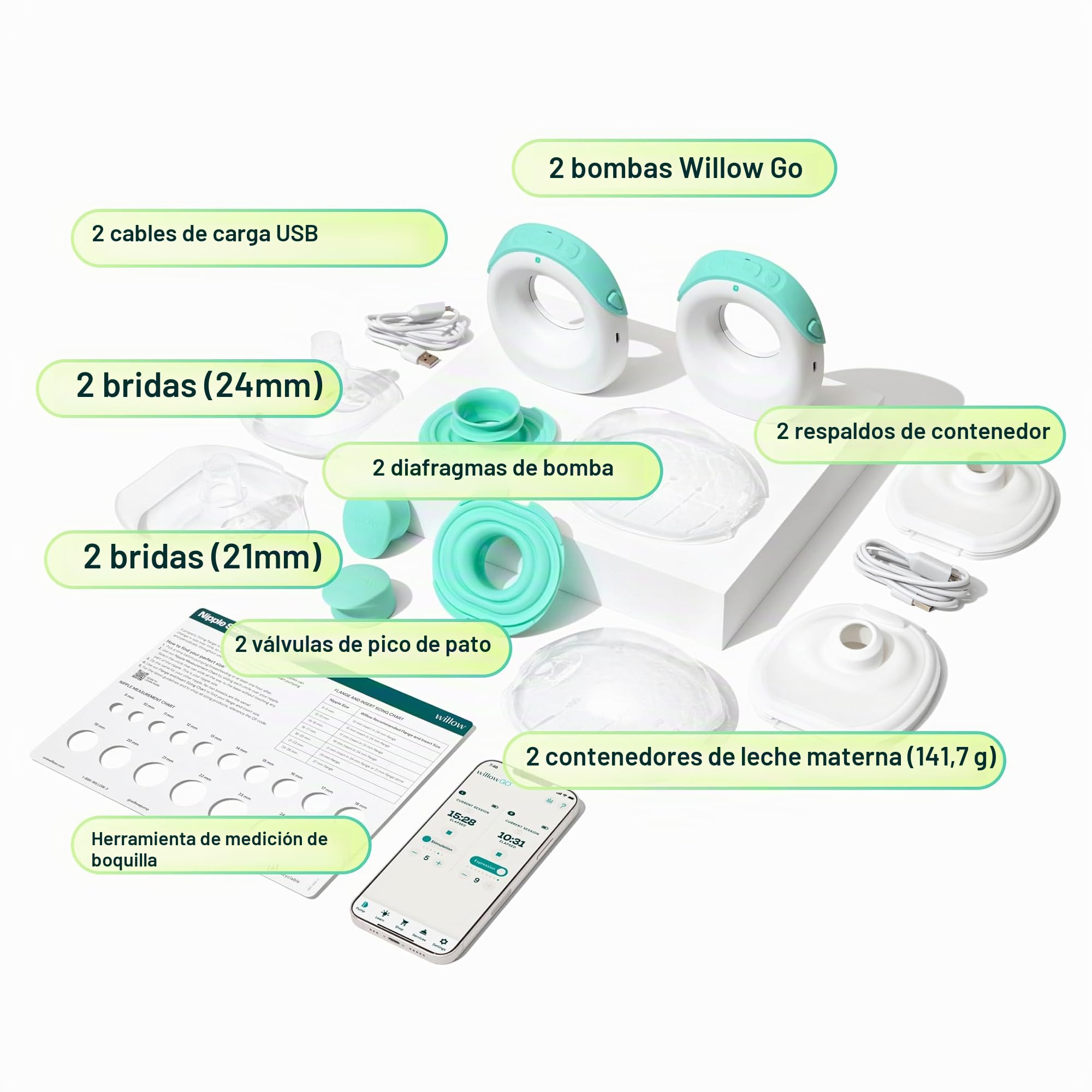 Willow Go - Extractor de leche portátil, doble eléctrico manos libres, diseño inalámbrico en brasier con succión de grado hospitalario de 15 niveles, incluye bridas de 24 mm y 21 mm y recipientes