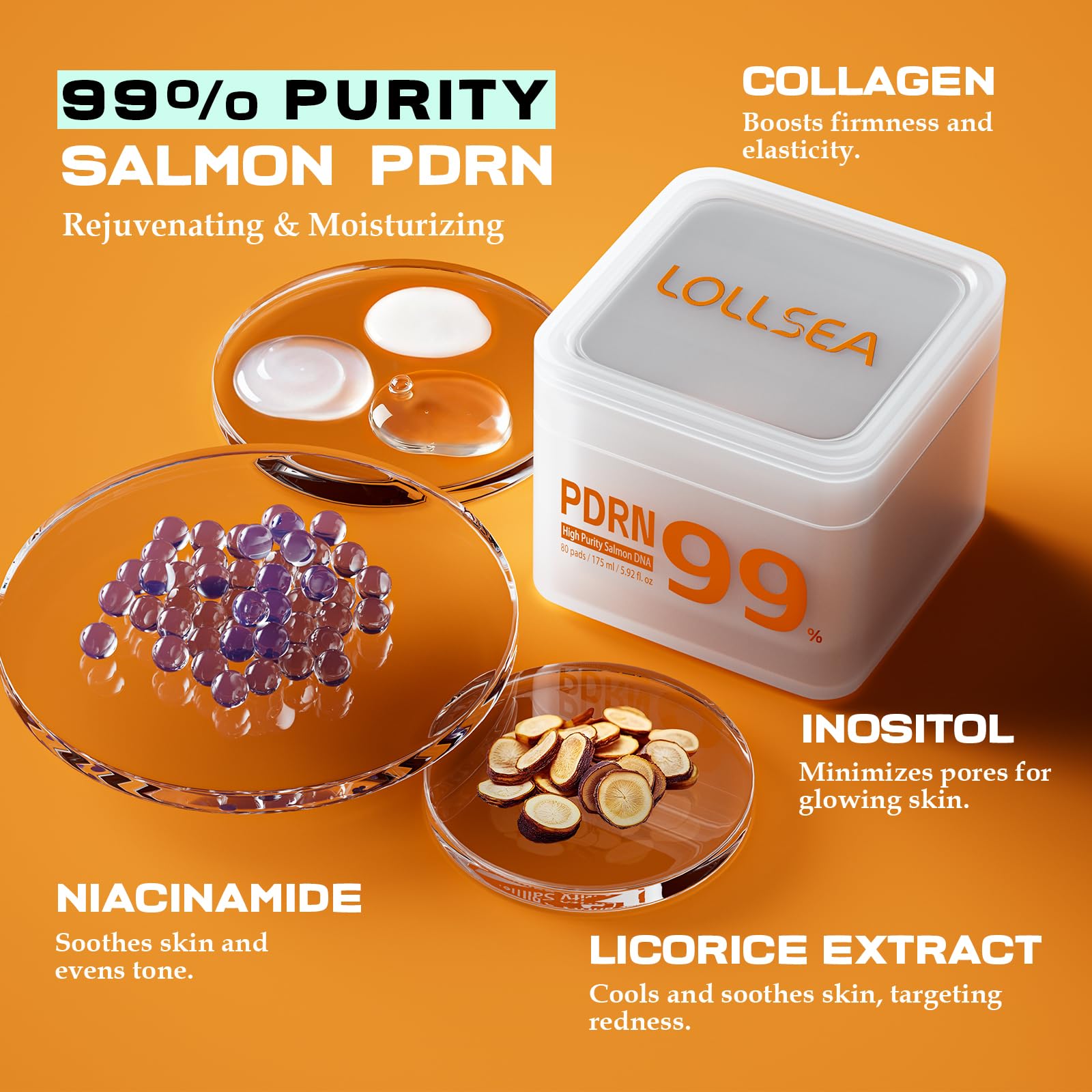 LOLLSEA PDRN Collagen Toner Pads with Niacinamide, 80 Count