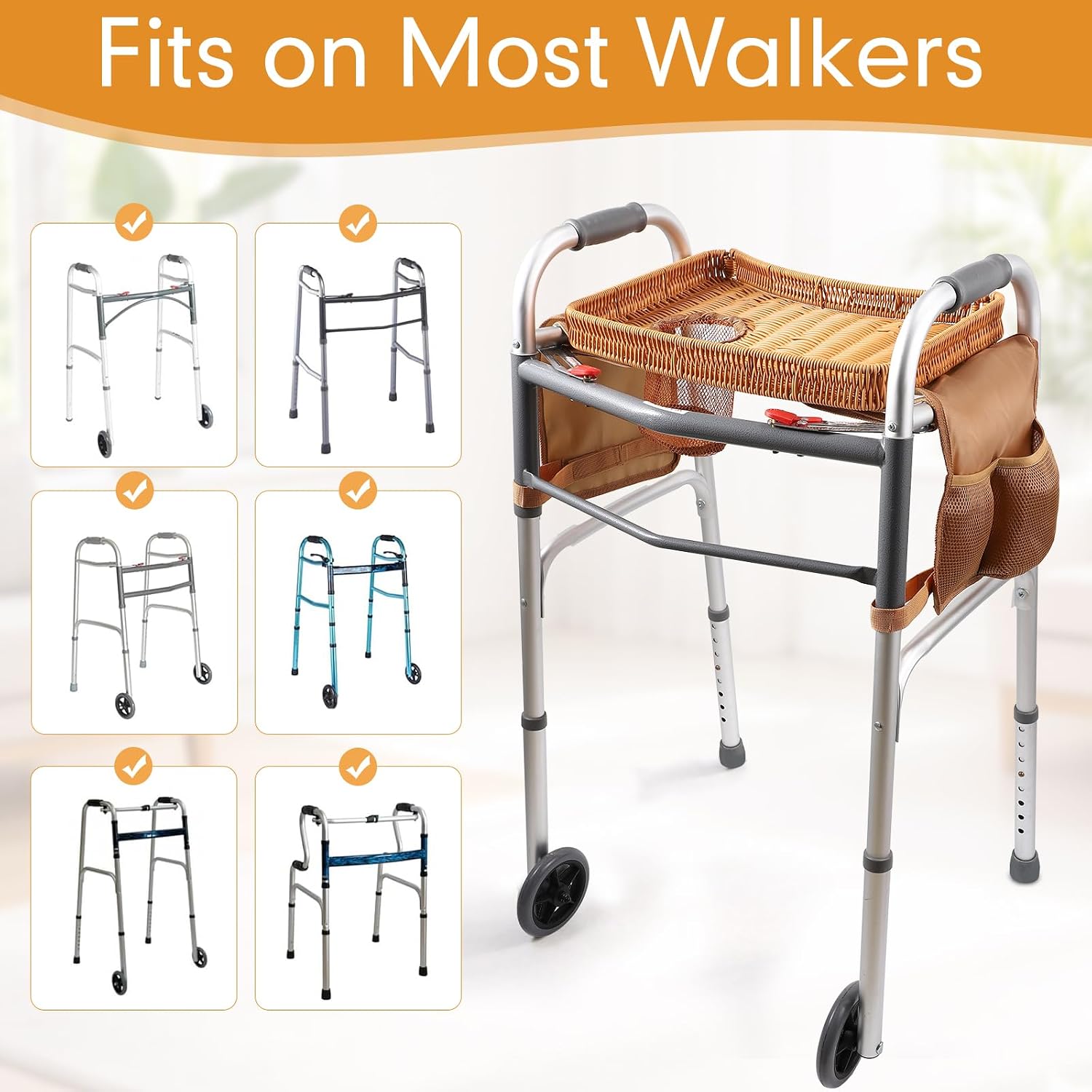Handwoven Rattan Walker Tray for Folding Walker with Cup Holder image 4
