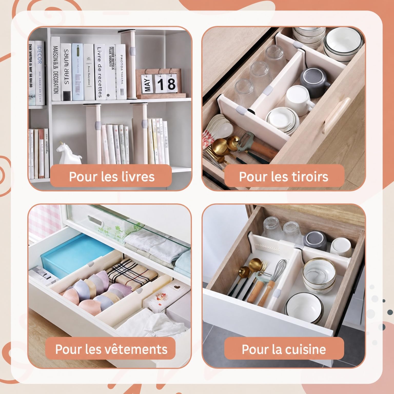 Lot de 12 séparateurs de tiroir - Réglable de 28-43 cm - En plastique - 10 cm de haut - Organiseur de tiroir pour cuisine - Chambre - Salle de bain - Bureau - Blanc