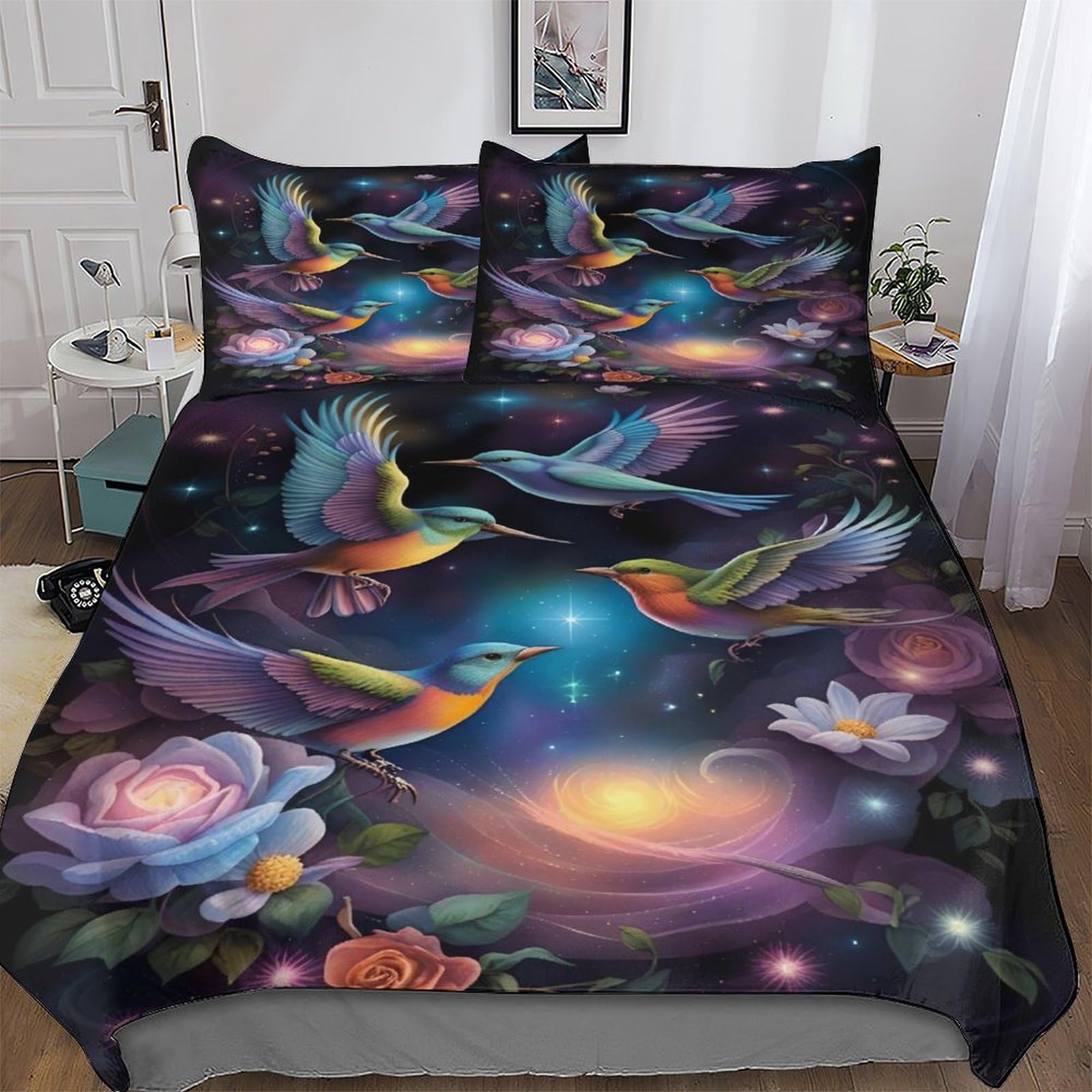 Housse de couette oiseau mignon anti-plis en polycoton pour lit double