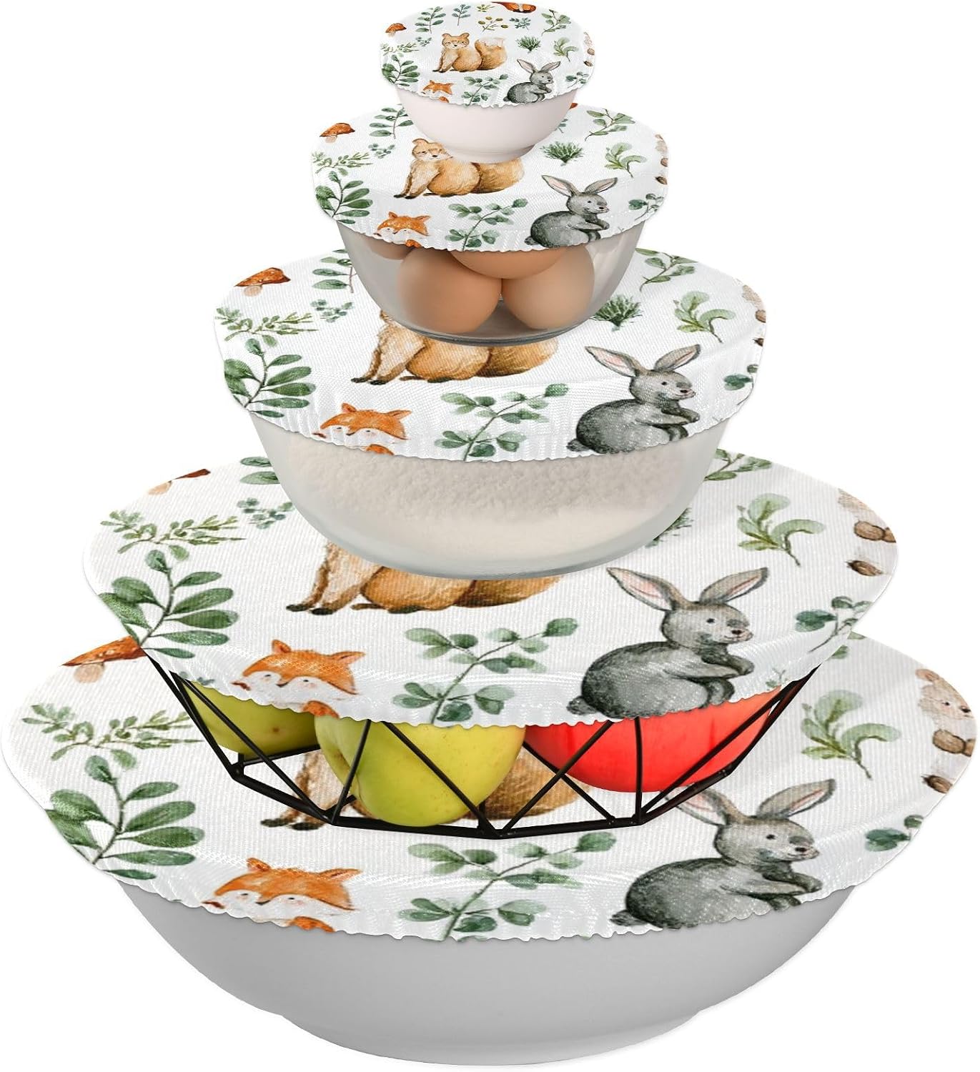 Kcldeci 5-Piece Bowl Covers, Woodland Animals, Reusable, 4-12 Inch, PUL Fabric, Elastic, Dust-Proof, Translucent