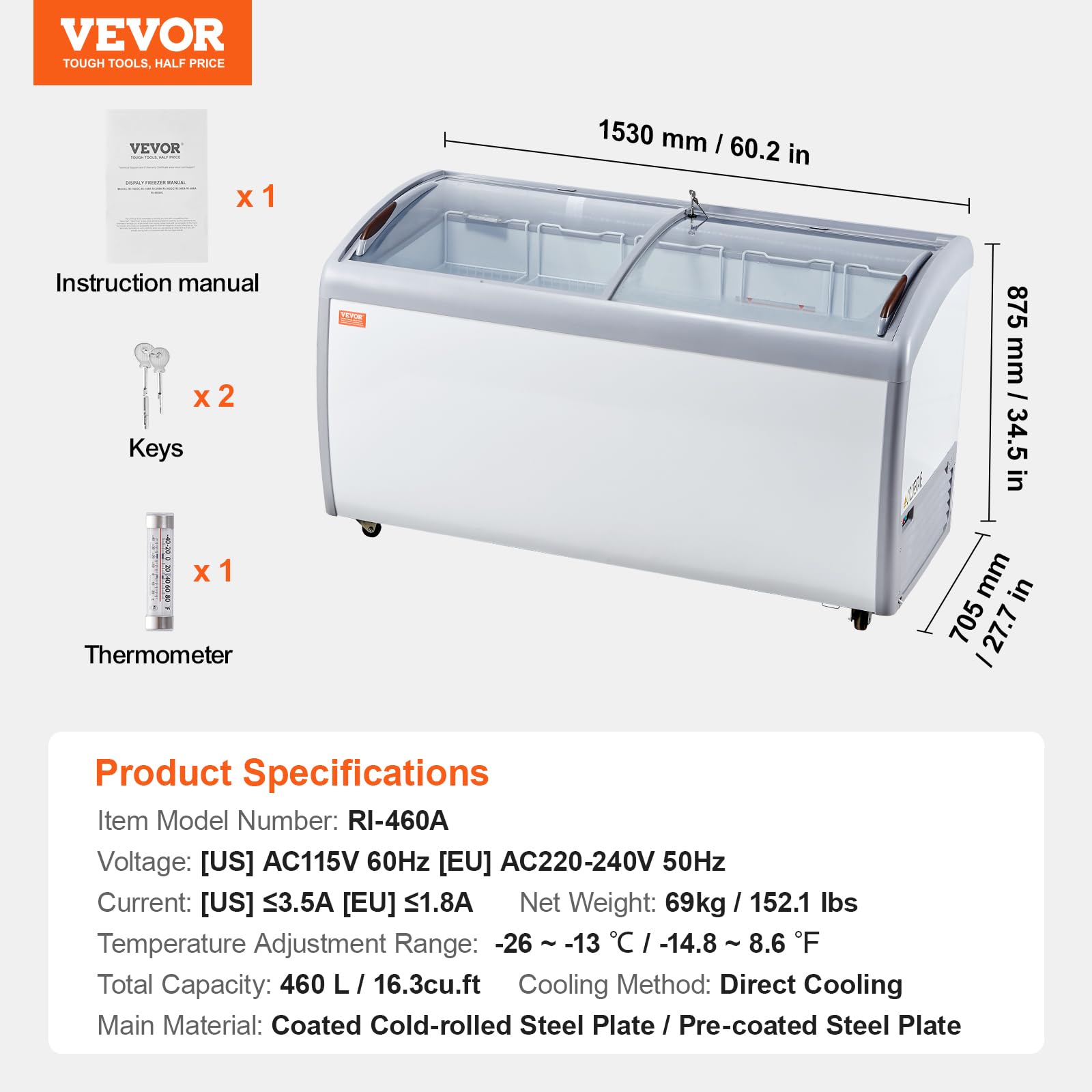 VEVOR Vitrine Réfrigérée à Crème Glacée Commerciale, Comptoir à Glace 460 L, Congélateur Mobile avec Dessus en Verre, 5 Paniers Métalliques, 2 Portes Coulissantes en Verre, Roulettes Verrouillables