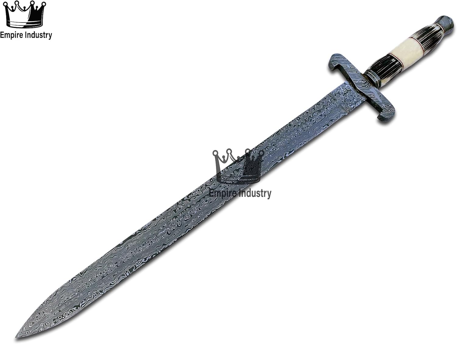 Empire - 30 Inch Long - Sharpe Edges - Handmade Damascus Steel Double Edge Viking Sword with Sheath - Stag Horn & Bone Grip - Hand Forged Claymore Sword - Best Gift for Him