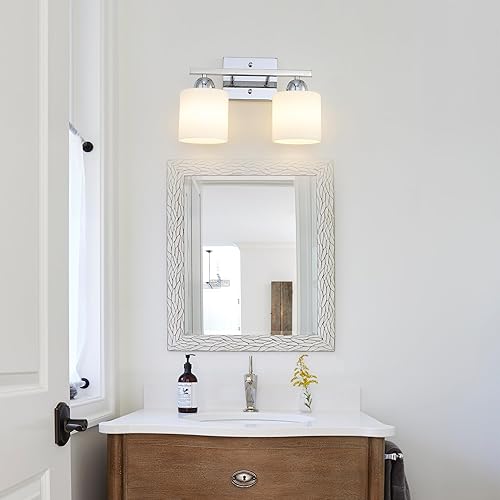 Miniatura 2 de Mecgirn Lámpara de tocador de baño de acero inoxidable con vidrio de leche, 2 lámparas de baño cromadas plateadas claras con vidrio esmerilado,