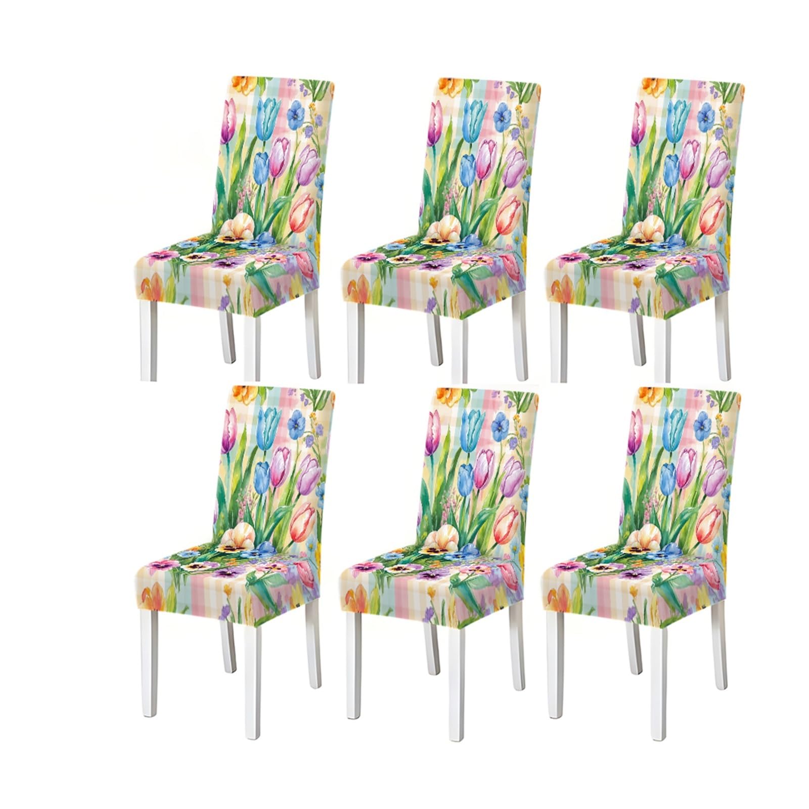 Bosuybn One Color Watercolor Tulip Floral Plaid Pattern Print Dining Chair Covers Set Of 2/4/6, Stretch Slipcovers For Kitchen Dining Room Furniture Protectors For Home Dining Room(6Pcschair Cover)