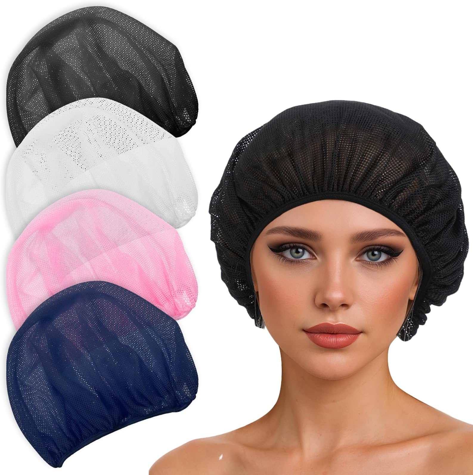 4pcs Mesh Hair Net for Sleeping, Net Plopping Cap for Drying Curly Hair, Curly Hair Drying Cap for Women Sleeping Dry Hairs, Kitchen Home Use (Black, Navy, Dark Blue, Gray)