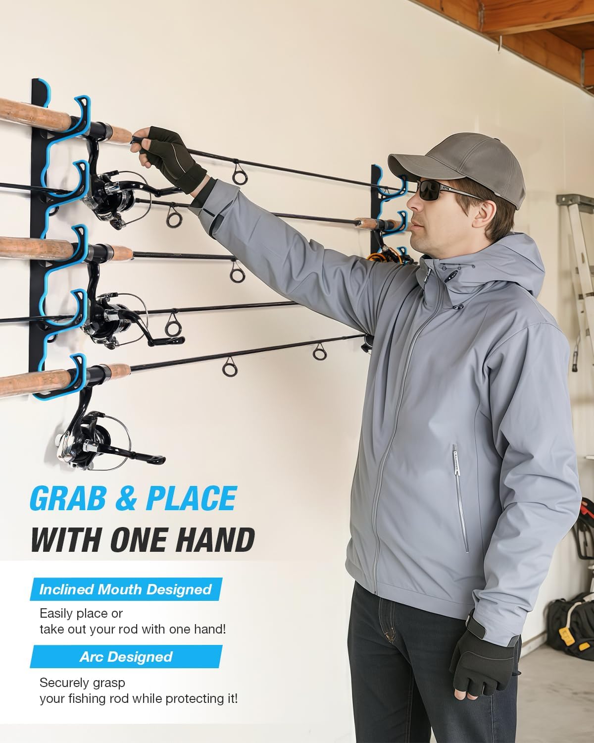 Ghosthorn Fishing Rod Holders for Garage Fishing Pole Holders Ceiling or Wall Mounted Fishing Rod Rack garage Storage Organizer Fishing Gear Equipment for Men Women (Blue, 4 Packs)