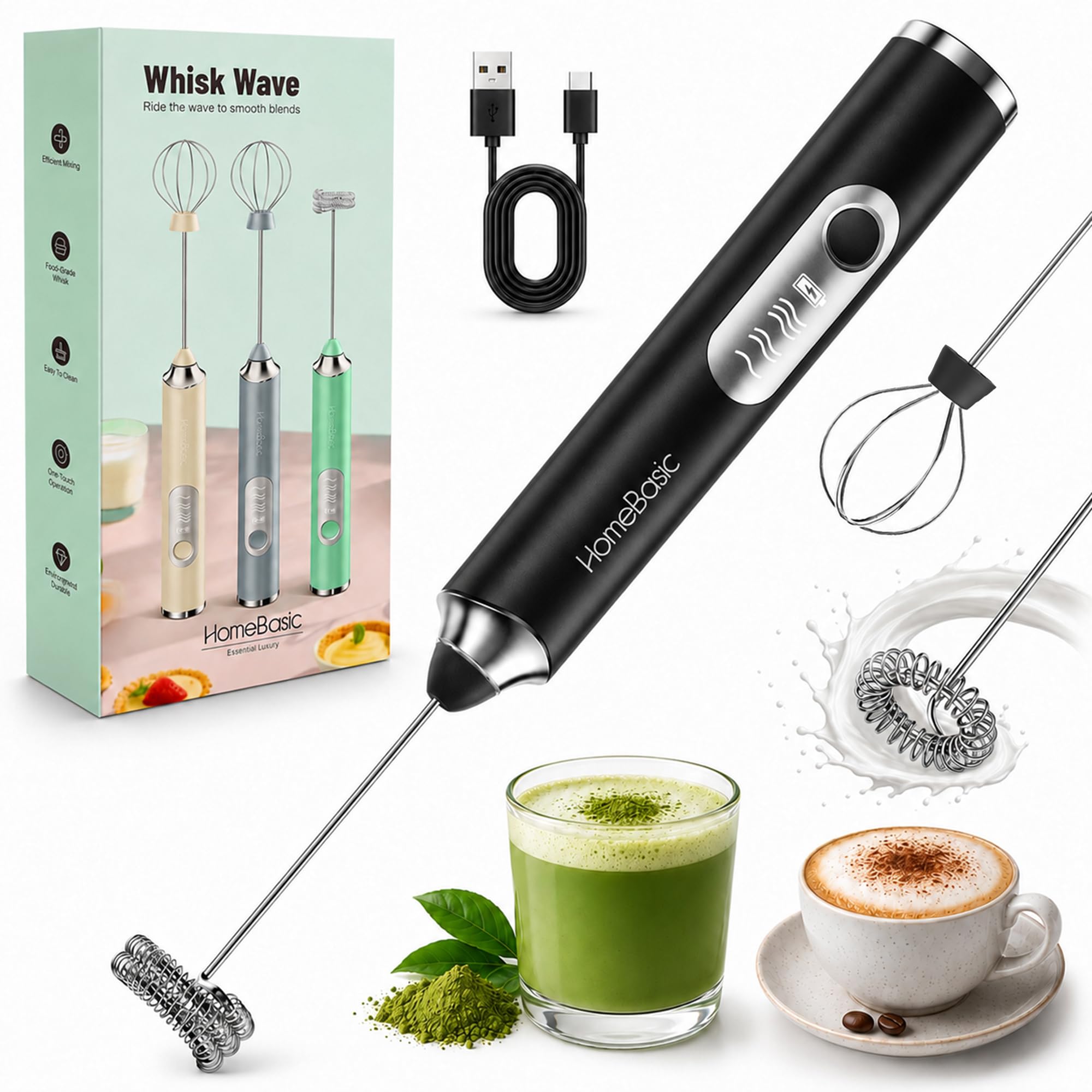 HOMEBASIC 3-Speed Electric Milk Coffee Frother with Whisk & Mixer| 8000 RPM, Rechargeable Wireless Handheld Foam Maker for Lattes & Drinks| Ideal for Blender/Beater/Stirr/Whipper/Cream Spinner (Black)-image-35