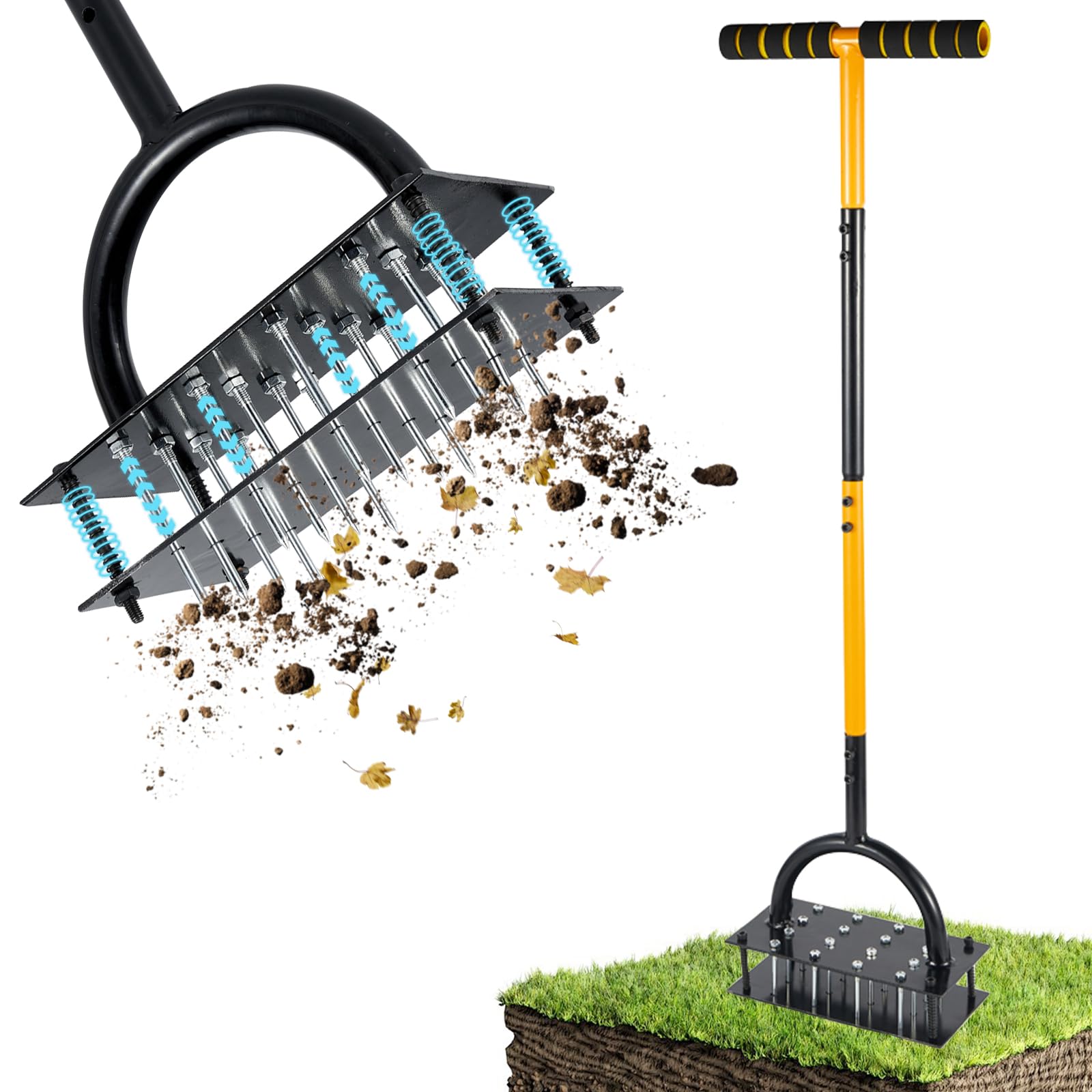 ROCKY&CHAO Rasenlüfter Aerifizierer für Rasen– Manuelles Rasen Belüften Gerät mit Doppelplatte, 16 Spikes& 4 Federn, T-Griff Rasenspecht für Verdichtete Böden, Garten & Rasenpflege