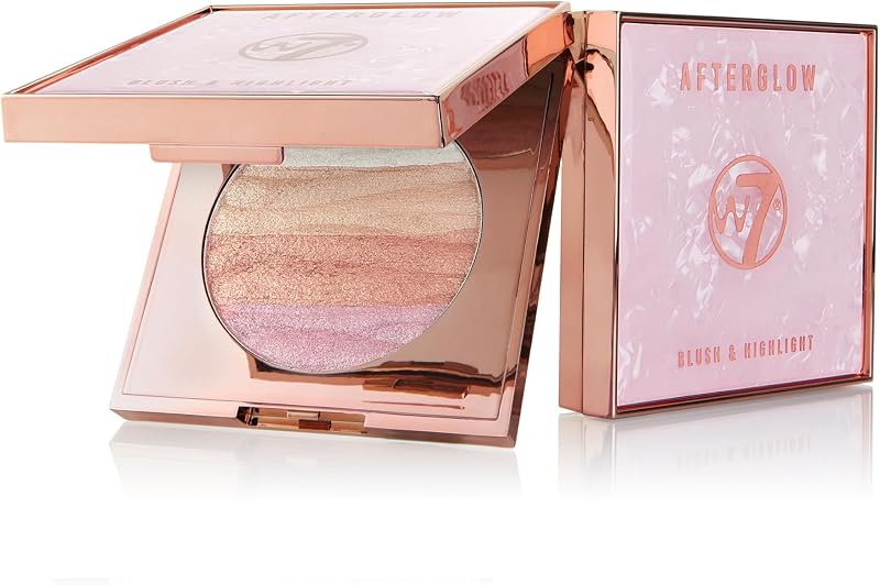 W7 Afterglow Blusher and Highlight Compact - Pink and Gold | Pressed Powder Compact, Glowing Radiant Finish