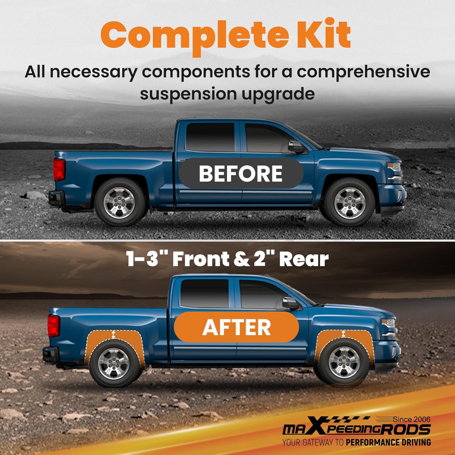 maXpeedingrods 1-3" Front & 2" Rear Leveling Lift Kit for 2000-2006 Chevy Avalanche Tahoe Suburban Yukon Escalade 6-Lug Truck, Front Rear Shock Extenders, Gray