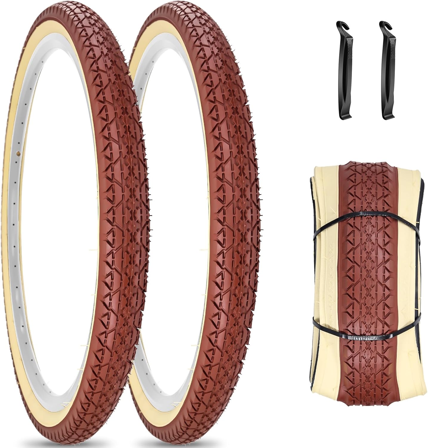 SIMEIQI 1 or 2 Pack Brown 26×2.125 Seashore Cruiser Bike Tire Cream Wall with or With out 26×1.75/2.125 Internal Tubes for Metropolis Street City Bicycle Retro Tire