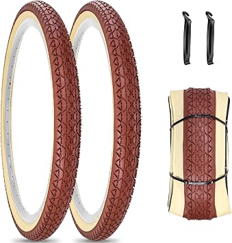 1 or 2 Pack Brown 26x2.125 Cruiser Beach Bike Tire Cream Wall with or Without 26x1.75/2.125 Inner Tubes for City Road Urban Bicycle Retro Tire