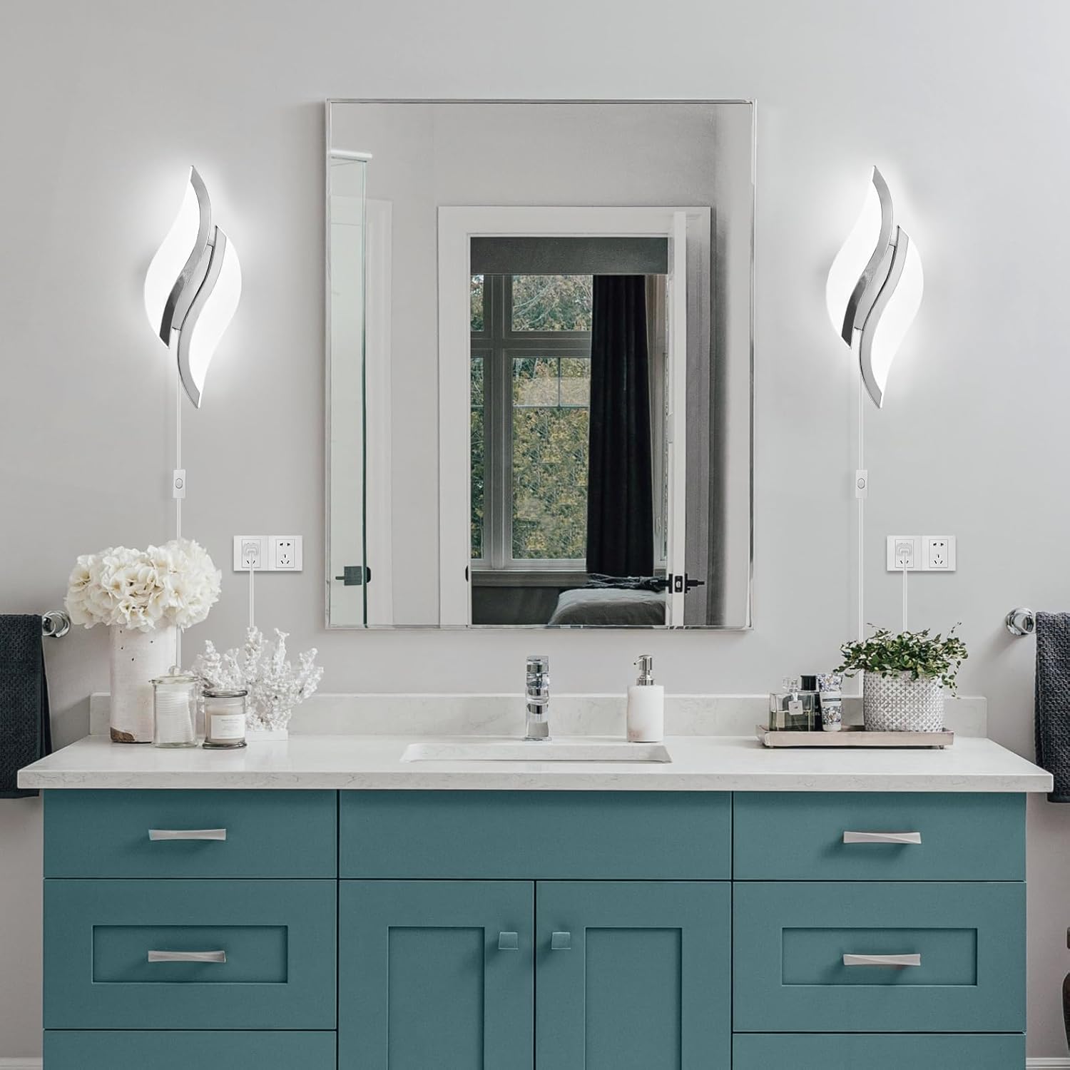 CANEOE Plug in Wall Sconces Set of Two 6000K Chrome Modern LED Wall Light Fixtures Acrylic Wall Sconce Lighting for Living Room Bedroom Bedside Bathroom Hallway Stairway Wall Lamp