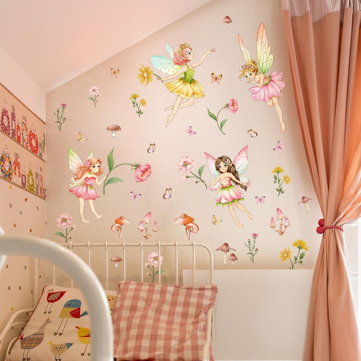 Flower Fairy Wall Decal, Woodland Mushroom Wall Decals, Butterfly Girl Wall Stickers，Removable Floral Wall Murals Peel and Stick Kids Wall Art Wallpaper Living Room Nursery Playroom.