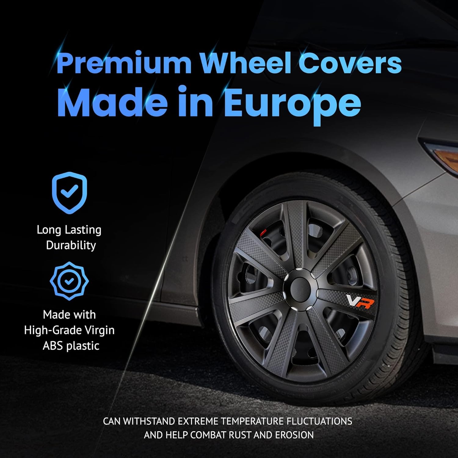 Alpena VR Carbon Vehicle Wheel Covers, Premium European-Made Rim Covers with 3-Step Retention System, Durable Hub Caps Fits Most Steel Wheels, Set of 4, 15 Inch, Black