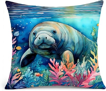 Carolines Treasures Manatee Throw Pillow Machine Washable, Indoor Outdoor Decorative Pillow for Couch, Bed or Patio, 14Hx14W