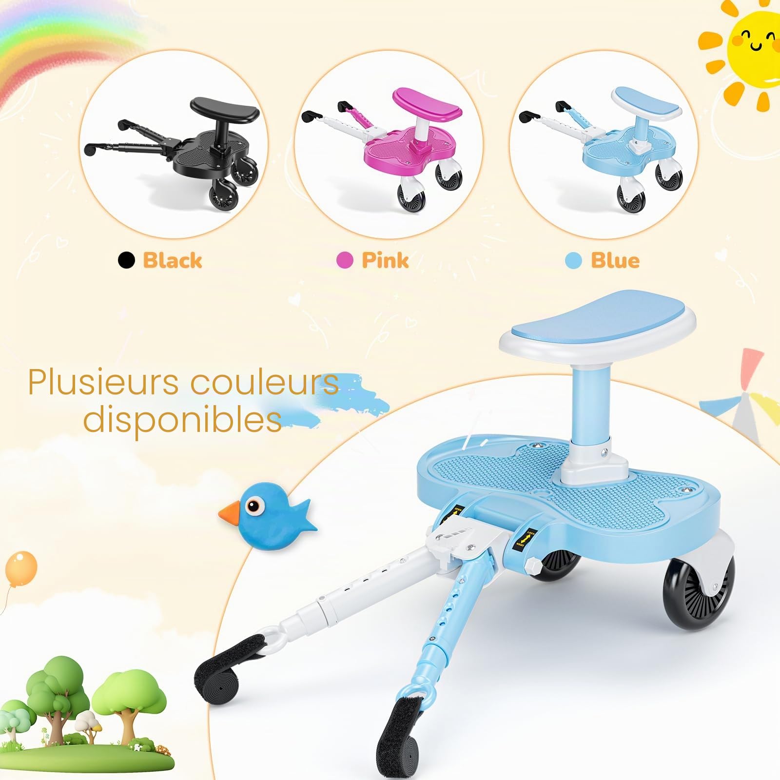 Planche Poussette Universelle Bleu Ciel, Marche Pied Poussette Universelle avec Siège, Compatible 99% des Poussettes, Planche à Roulettes pour Enfants 2-6 Ans (25KG)