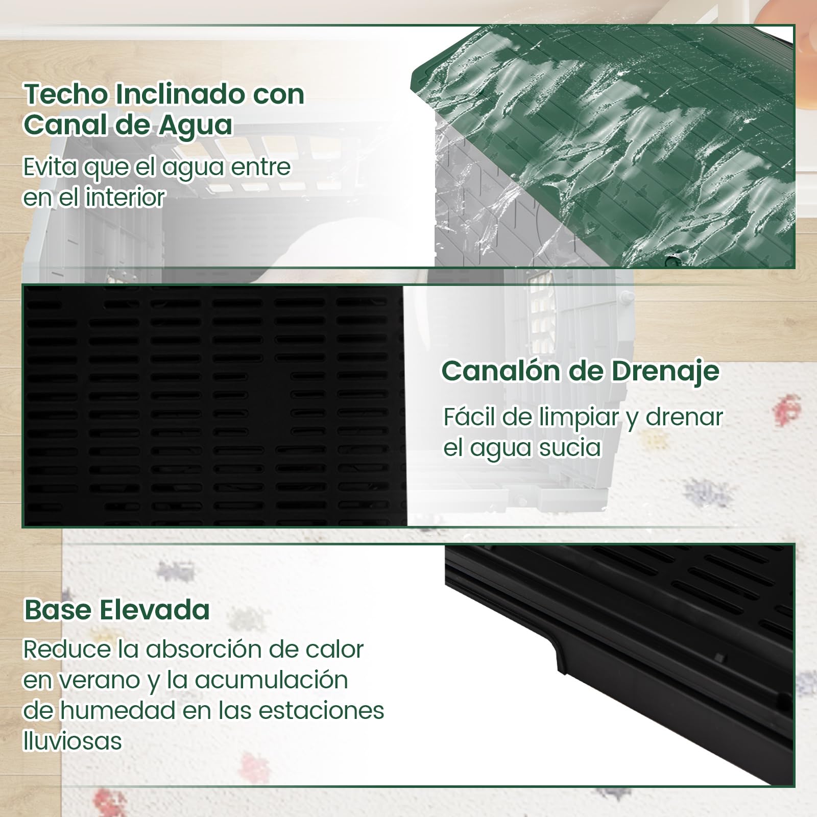 Casa para Perros Plegable de Plástico, Refugio para Mascotas Resistente a la Intemperie con Bandeja de Inodoro, Puerta con Cerradura, Techo Inclinado, Jaula de Interior Exterior para Gatos