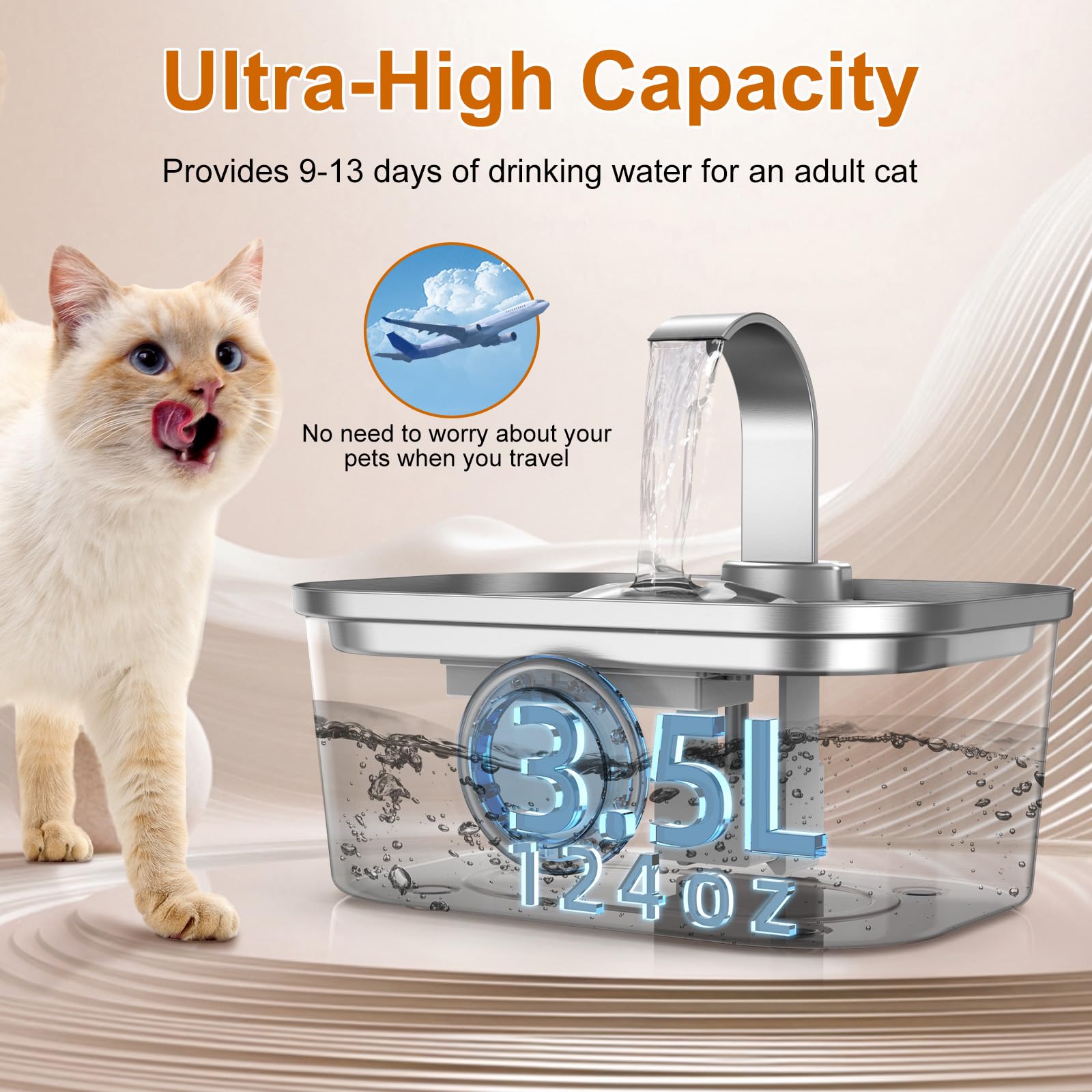 Bobo&Dragon Fontana d'acqua per gatti in acciaio inox, 3,5 l, erogatore automatico ultra silenzioso per più cani e gatti, filtraggio a 6 strati, finestra intelligente, 2+2 filtri di ricambio integrati
