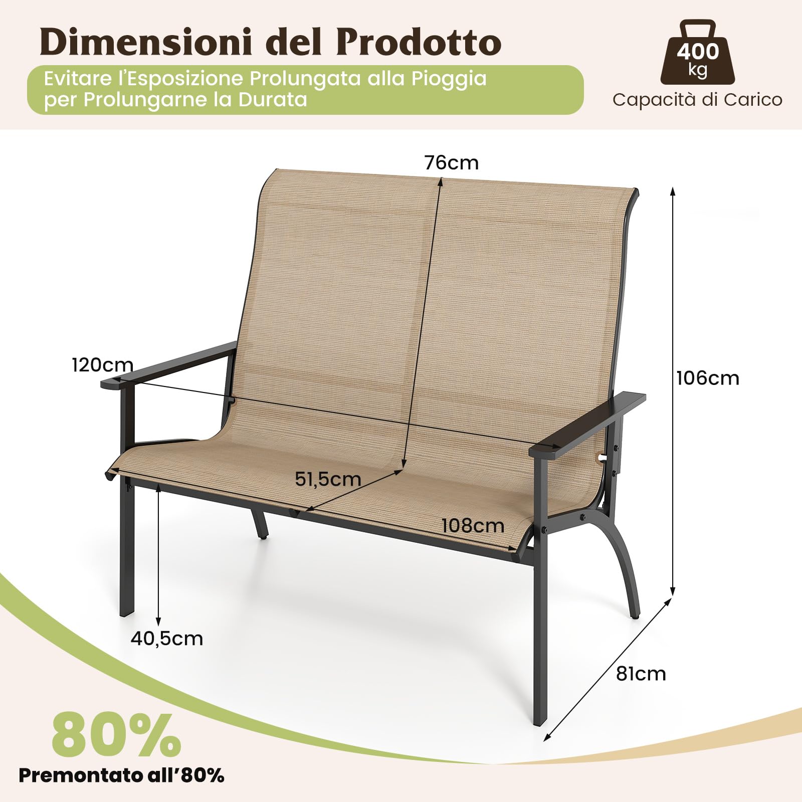 COSTWAY Sedia Esterno a 2 Posti, Panca da Giardino con Schienale Alto e Braccioli, Poltrona da Giardino a 2 Persone, per Terrazzo Patio Cortile, Portata 400 kg