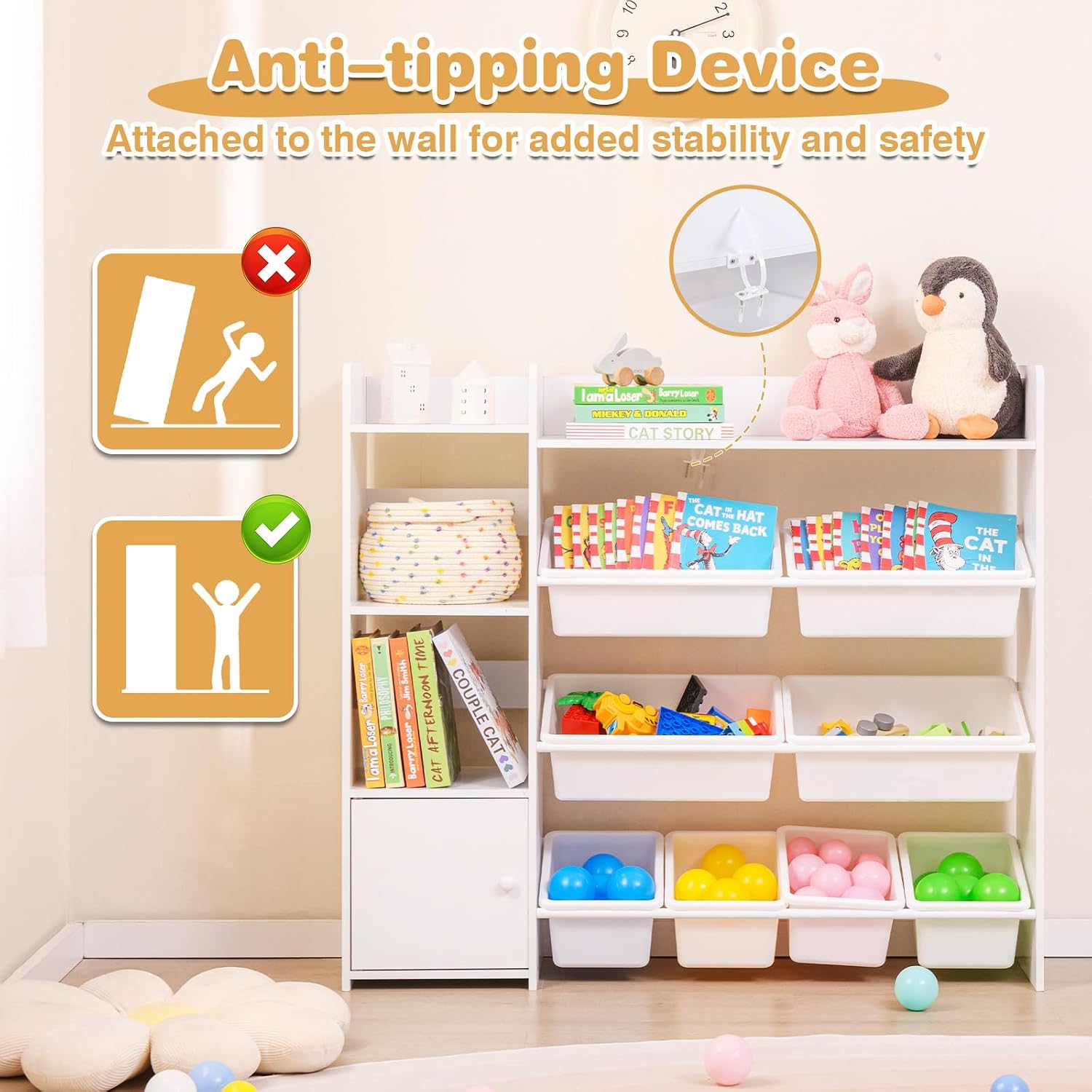 HONEY JOY Kids Toy Storage Organizer, Kids Bookshelf and Toy Storage, Storage Organizer w/8 Storage Boxes, 2 Open Shelves, Cabinet with Door for Playroom, Children's Room, Daycare (White)