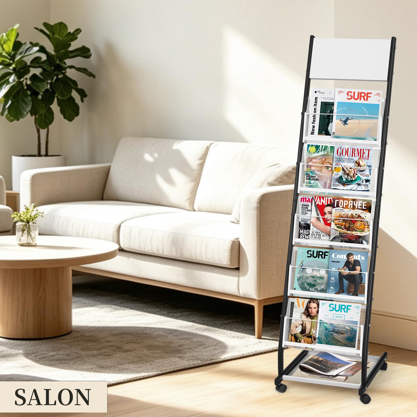 SUNDOY Portariviste su ruote a 5 livelli, espositore per riviste e cataloghi su piedistallo, supporto mobile per ufficio, fiere, casa e casa (5 strati, larghezza 32,5 cm)