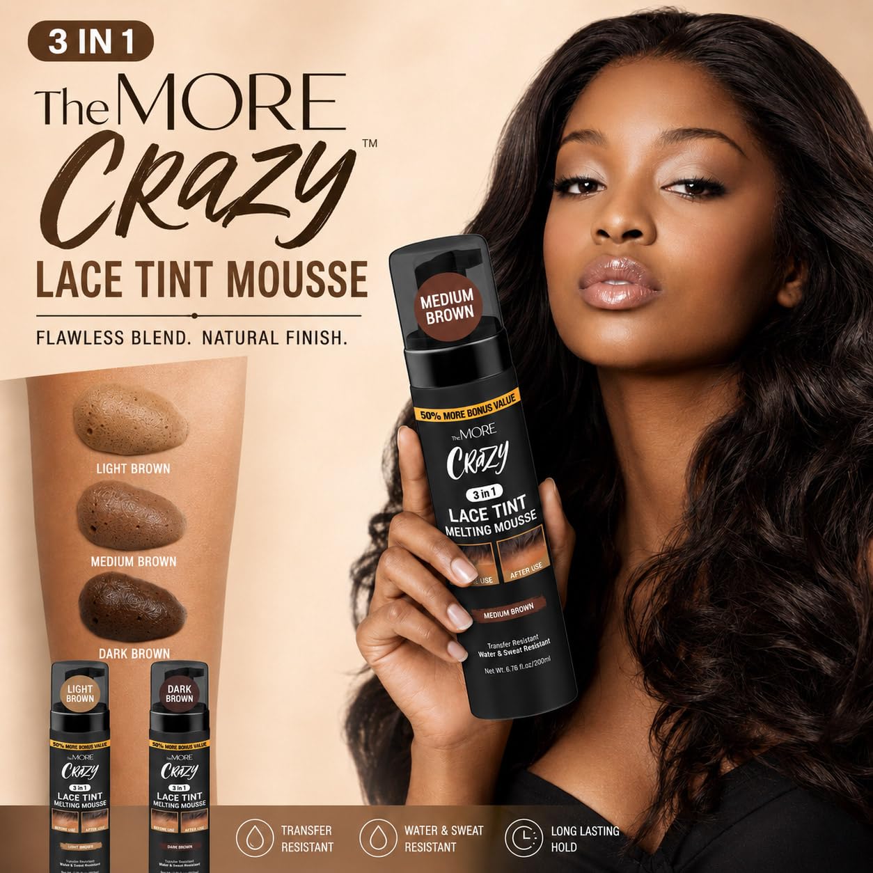 The MORE 3 in 1 Lace Tint Mousse, 6.76 Fl Oz, Medium Brown | Concealer for Lace Wigs, Hair Wigs, Toupees and Hair Pieces, Colored Edge Tamer