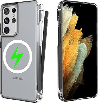 Clear for Galaxy S21 Ultra Case with S Pen Holder, Built-in Strong Magnetic Compatible with Magsafe Airbags Military Grade Protection for Samsung Galaxy S21 Ultra 5G 6.8"