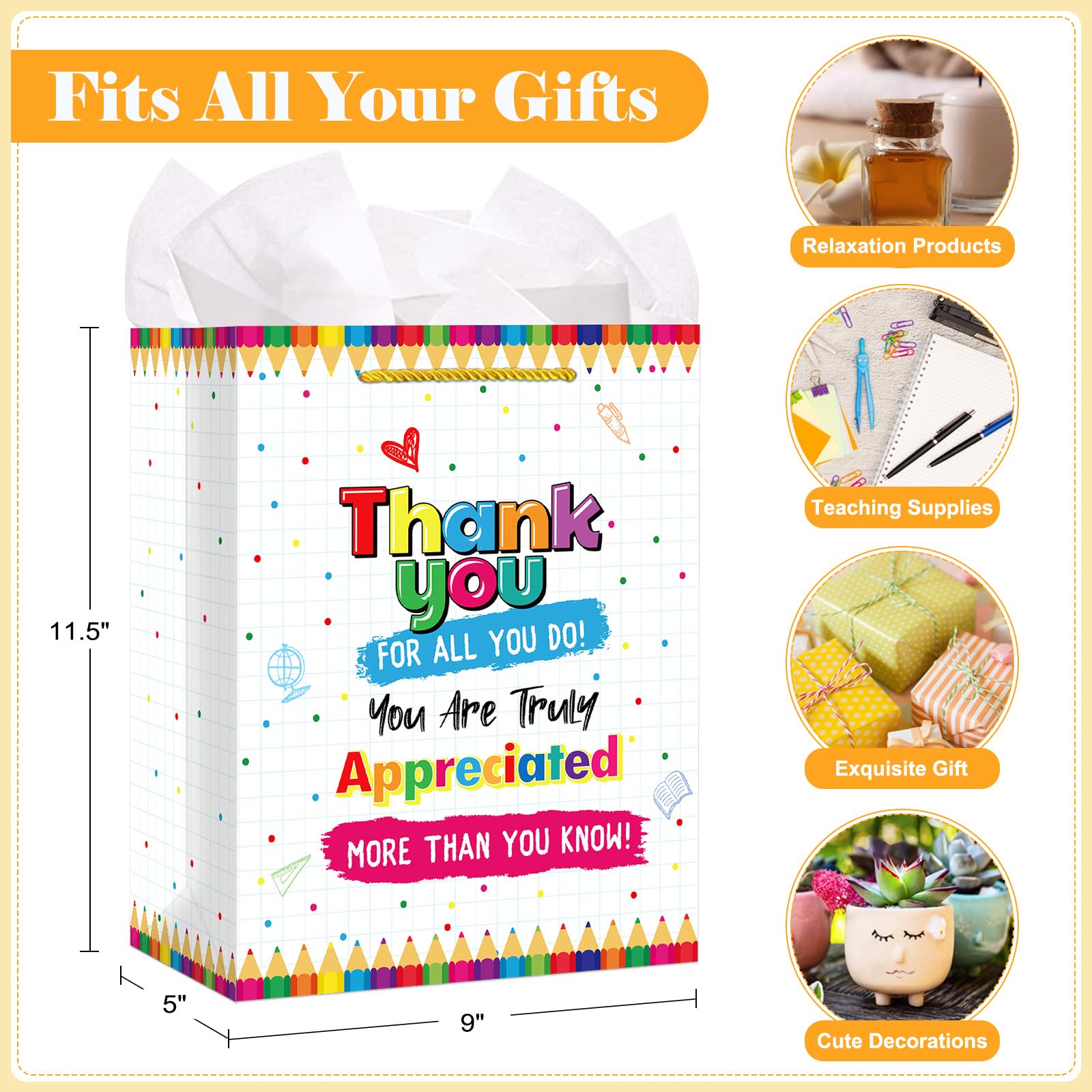 FaCraft Teacher Appreciation Gift Bags - 11.5" Teacher Gift Bag with Tissue Paper and Handles - Thank You for All You Do Bag for Graduation Retirement End of Year Teacher Gifts from Students