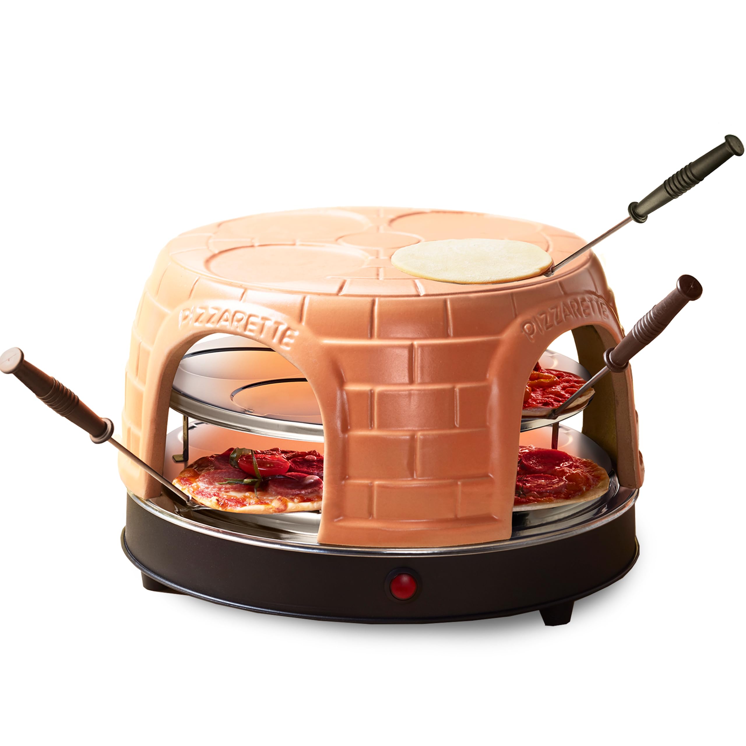 Emerio PO-116124.1 Four à pizza, couvercle en terre cuite, fait à la main, design breveté, pour mini pizza, véritable plaisir en famille pour 8 personnes