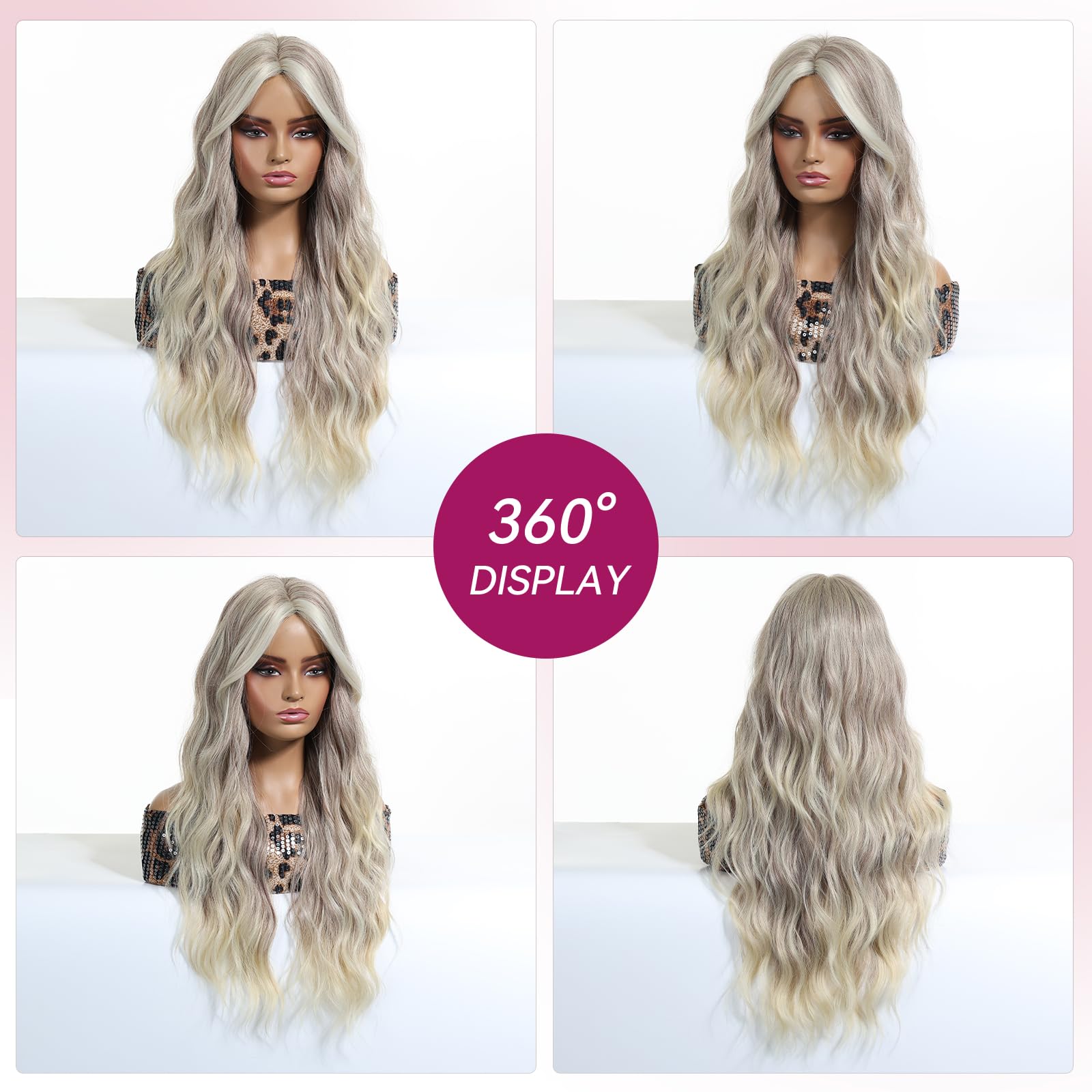 EMMOR Damen Lange Wellenperücke, Geschichtete Lockenperücke mit Mittelscheitel, 26 inches natürliche hitzebeständige synthetische Haare(Blonde & Grau Perücke)