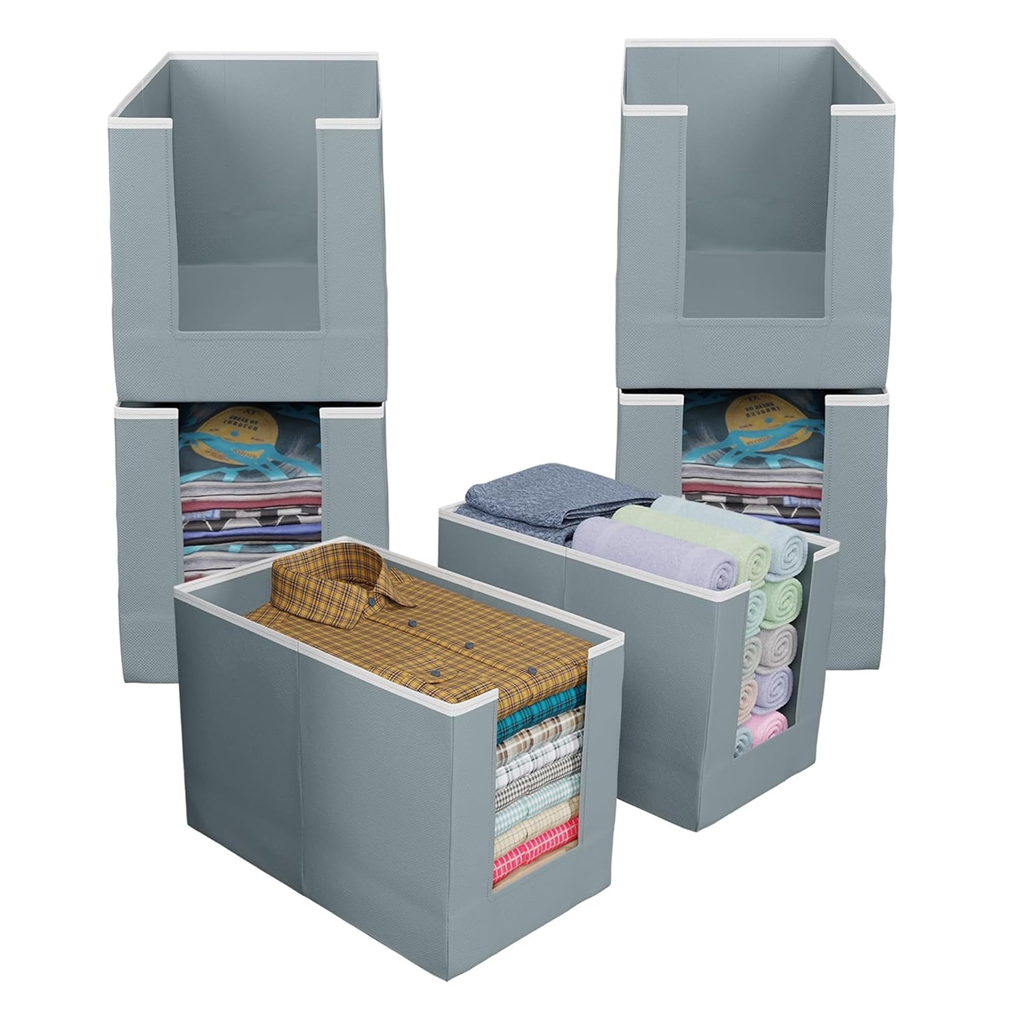 Kuber Industries Pack of 6 Storage Organizer | Non-Woven Shirt Stacker | Foldable Wardrobe Organizer for Clothes | T-Shirts Organiser for Wardrobe | Grey