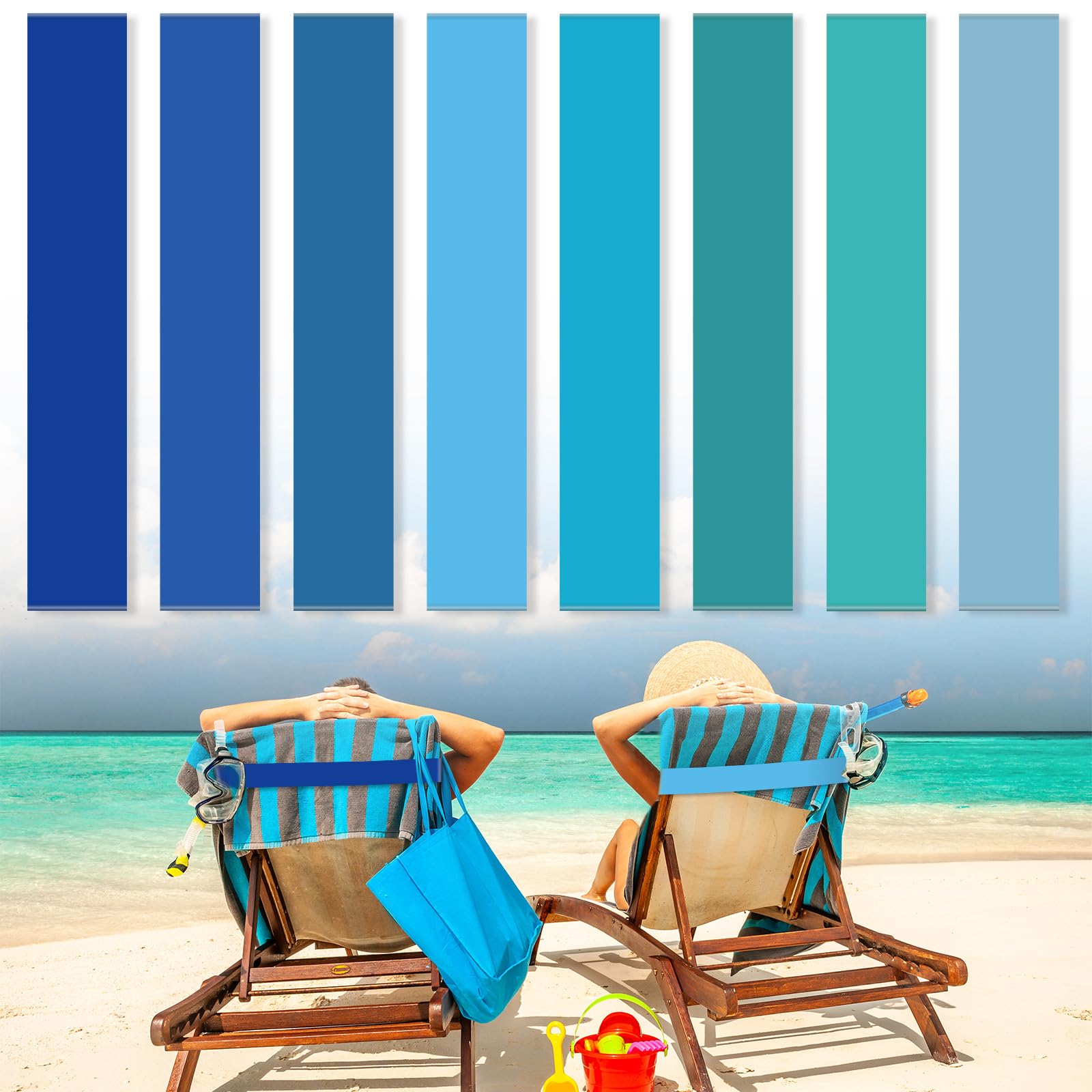 Boao 8 Pack Beach Towel Bands for Chair, Elastic Strap,Blue Gradient