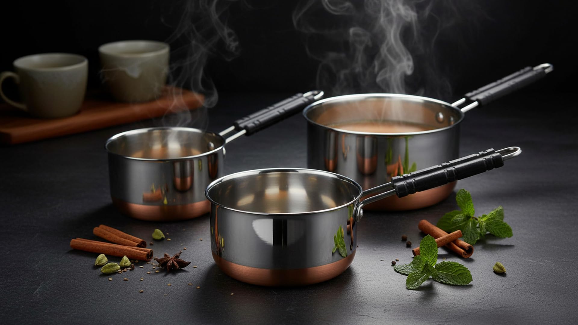 SVS ONLINE Stainless Steel Copper Bottom Sauce Pan, Flat Base, Tea Pan, Milk Pan, Tapeli Patila, Sauce Pot Cookware with Handle (Set of 3) 2