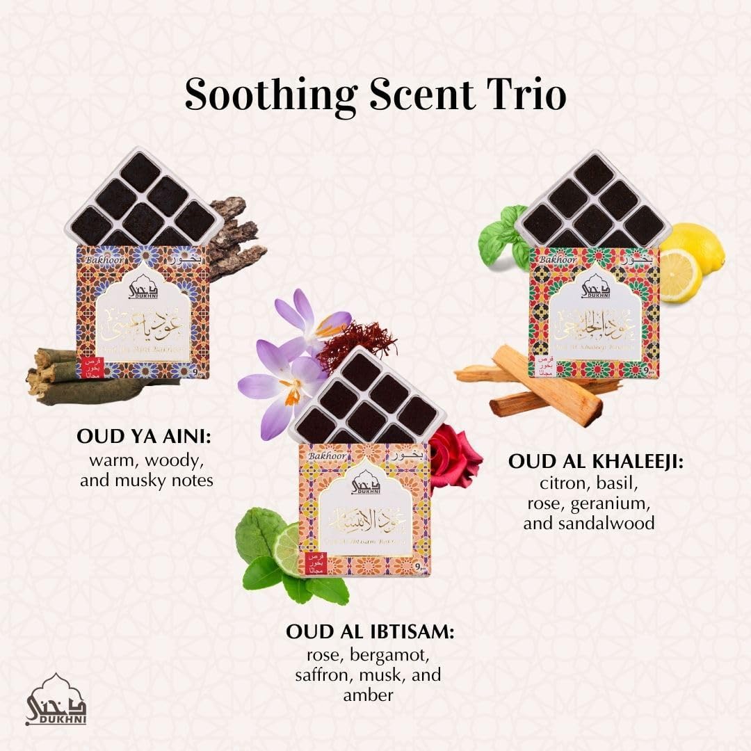 Oud Ya Aini, Oud Al Khaleeji, Oud Al Ibtisam Bakhoor Set عود بخور و مبخرشمعدان by Dukhni | 3 x 9 Piece Each & Tree Bakhoor Burner | Arabic Bakhoor Incense | Great Gift & Decor for Ramadan Eid Hampers