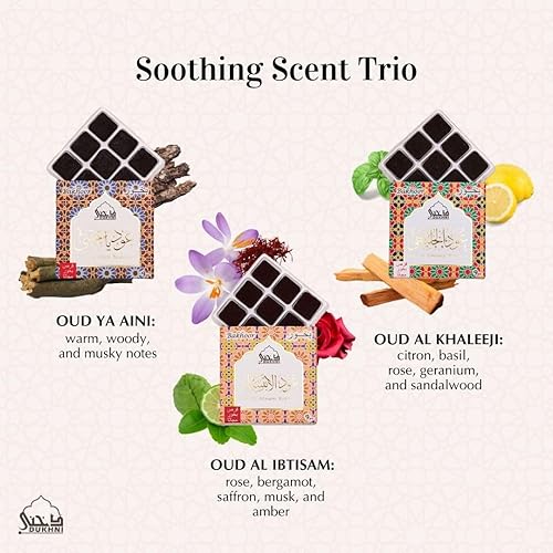 Miniatura 5 de Oud Ya Aini, Oud Al Khaleeji, Oud Al Ibtisam Bakhoor Set de Dukhni  3 x 9 piezas cada uno y quemador de árbol Bakhoor  Incienso árabe Bakhoor  Gran