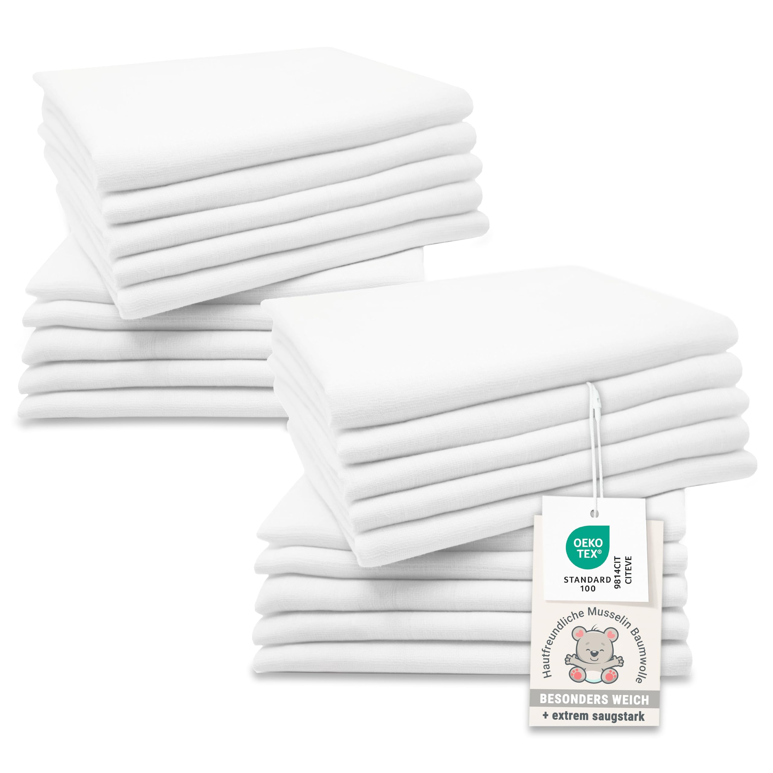 ZOLLNER 20er Set Musselin Spucktücher in 70x70 cm aus Baumwolle - hautfreundliche Mulltücher - besonders weich und extrem saugstark - waschbar bis 95°C - in weiß