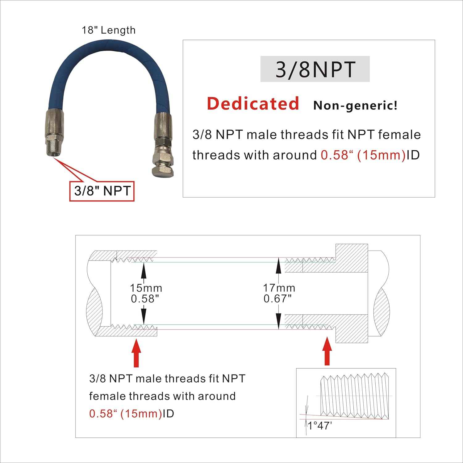 Upgraded Engine Drain Port Oil Changing Hose, 3/8" NPT, 18" Length, High-Temperature 300°F, Replaces STAN1438 1723165SM 116-4924（3/8 NPT male threads fit NPT female threads with around 0.58"(15mm)ID.）