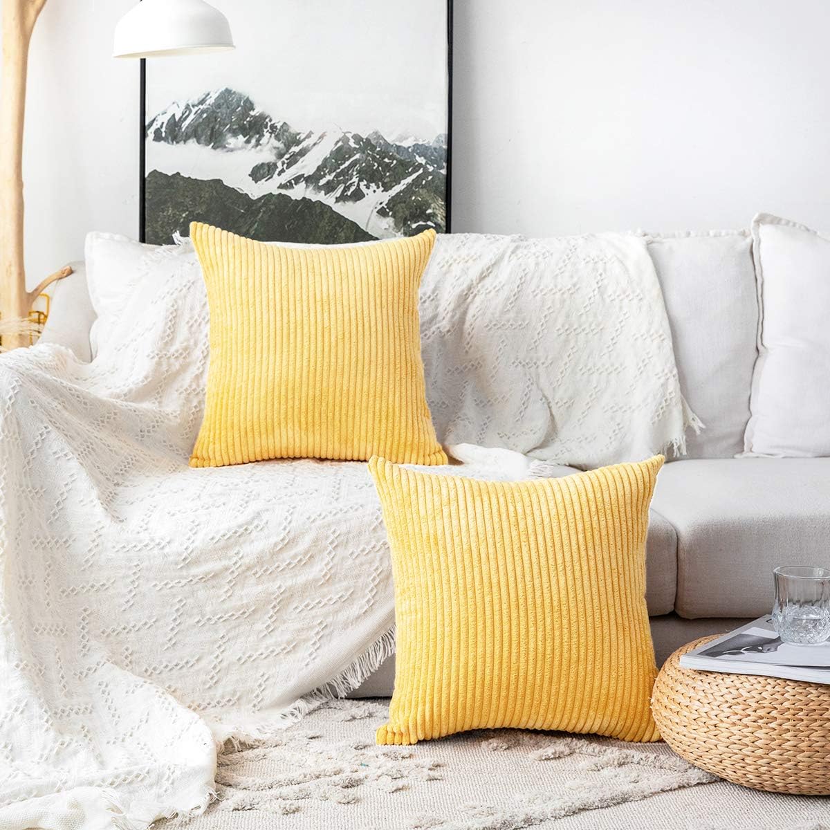 MUDILY Pack of 2 Decorative Pillow Covers Decor Supersoft Striped Velvet Throw Toss Pillowcase Cushion Cover for Chair Sofa Bedroom Car, Light Yellow 16 x 16 inch 40 x 40 cm